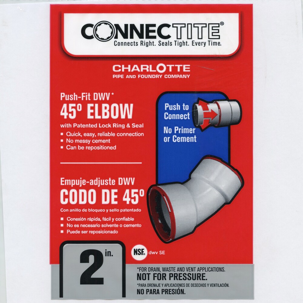 slide 5 of 6, Charlotte Pipe 2-in PVC DWV 45 Degree Elbow for Sanitary Drain, Waste, and Vent Applications, 1 ct