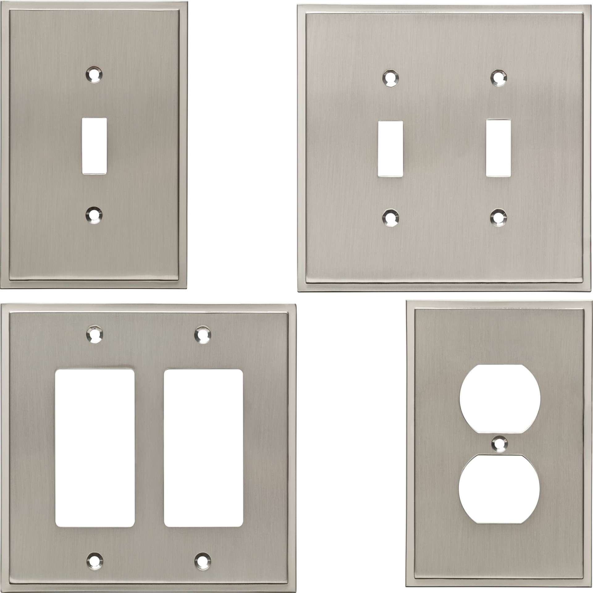 slide 4 of 6, allen + roth Simple Steps 1 -Gang Midsize Size Satin nickel Zinc Indoor Duplex Wall Plate, 1 ct