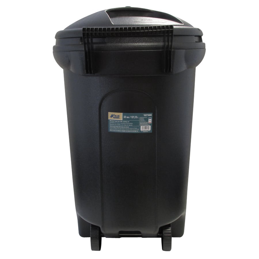 slide 1 of 4, Blue Hawk 32-Gallons Black Plastic Wheeled Outdoor Trash Can with Lid, 1 ct