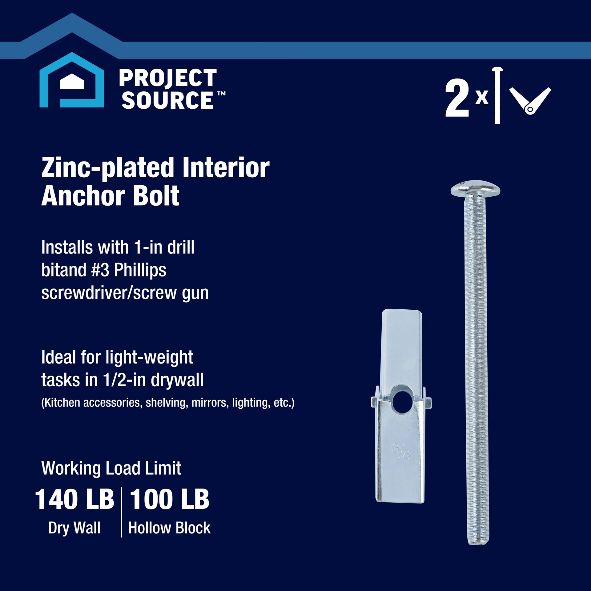 slide 2 of 6, Project Source 140-lb 3/8-in x 6-in Toggle Bolt Anchors with Screws Included 2.0 -Pack, 1 ct
