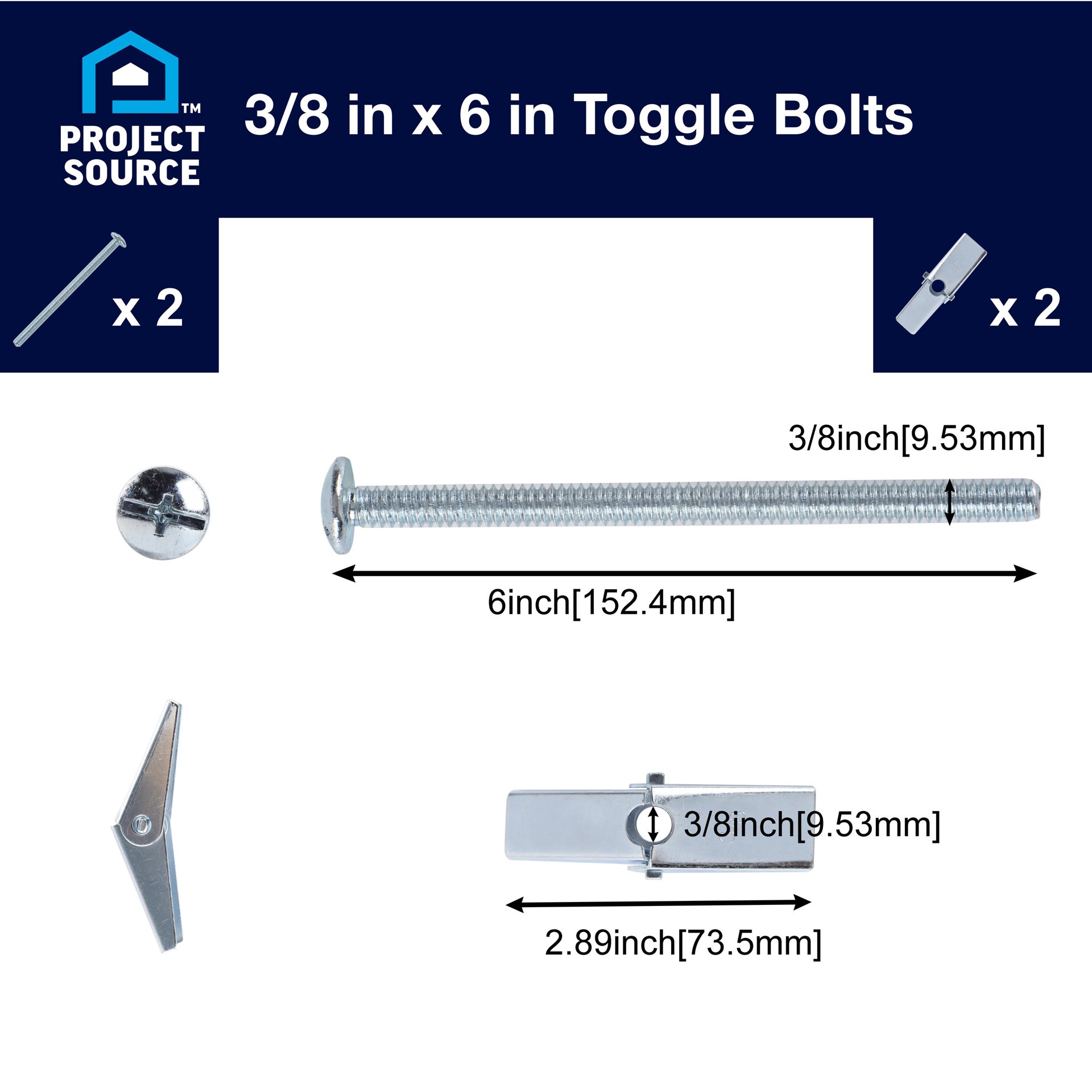 slide 3 of 6, Project Source 140-lb 3/8-in x 6-in Toggle Bolt Anchors with Screws Included 2.0 -Pack, 1 ct