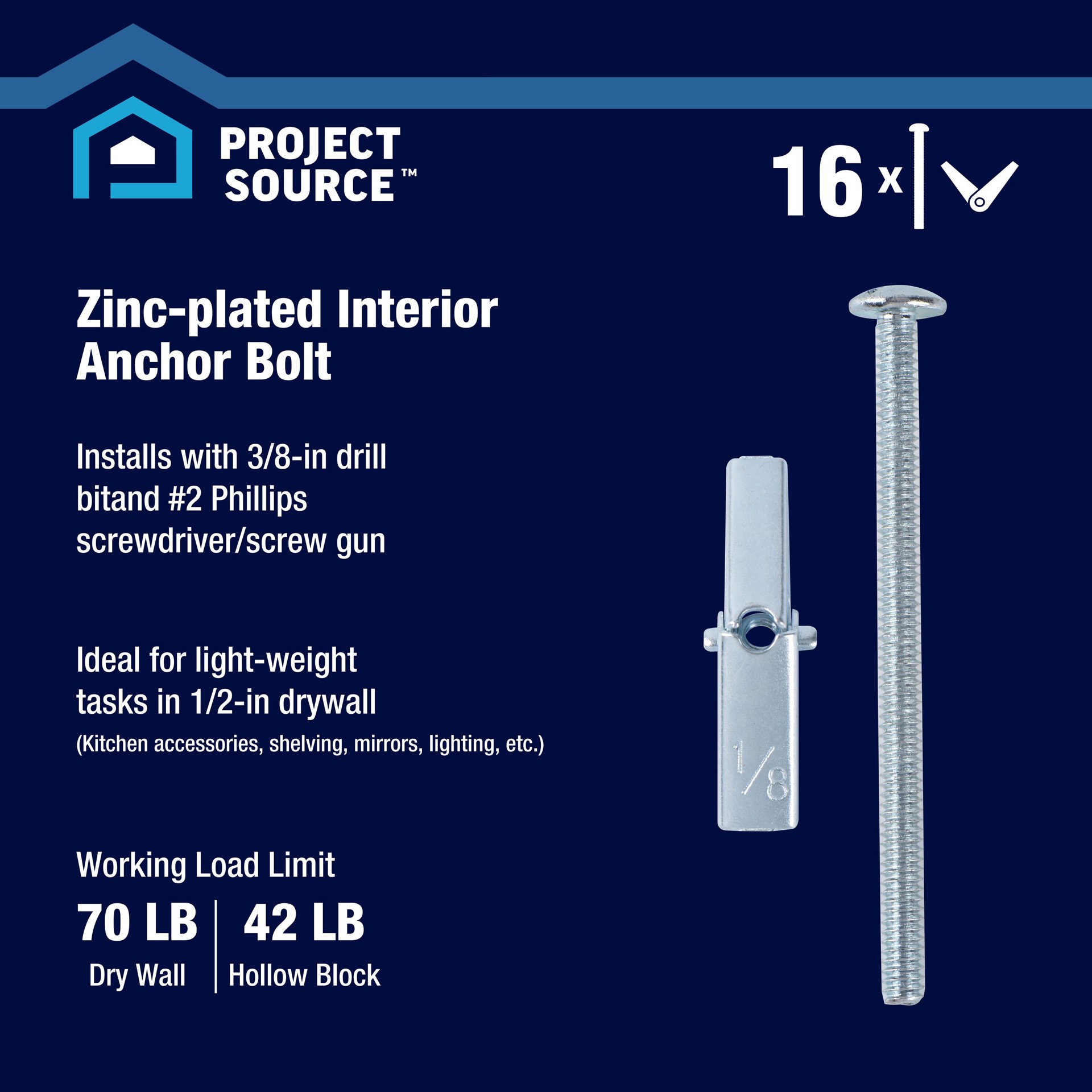 slide 2 of 6, Project Source 42-lb 1/8-in x 2-in Toggle Bolt Anchors with Screws Included 16 -Pack, 1 ct