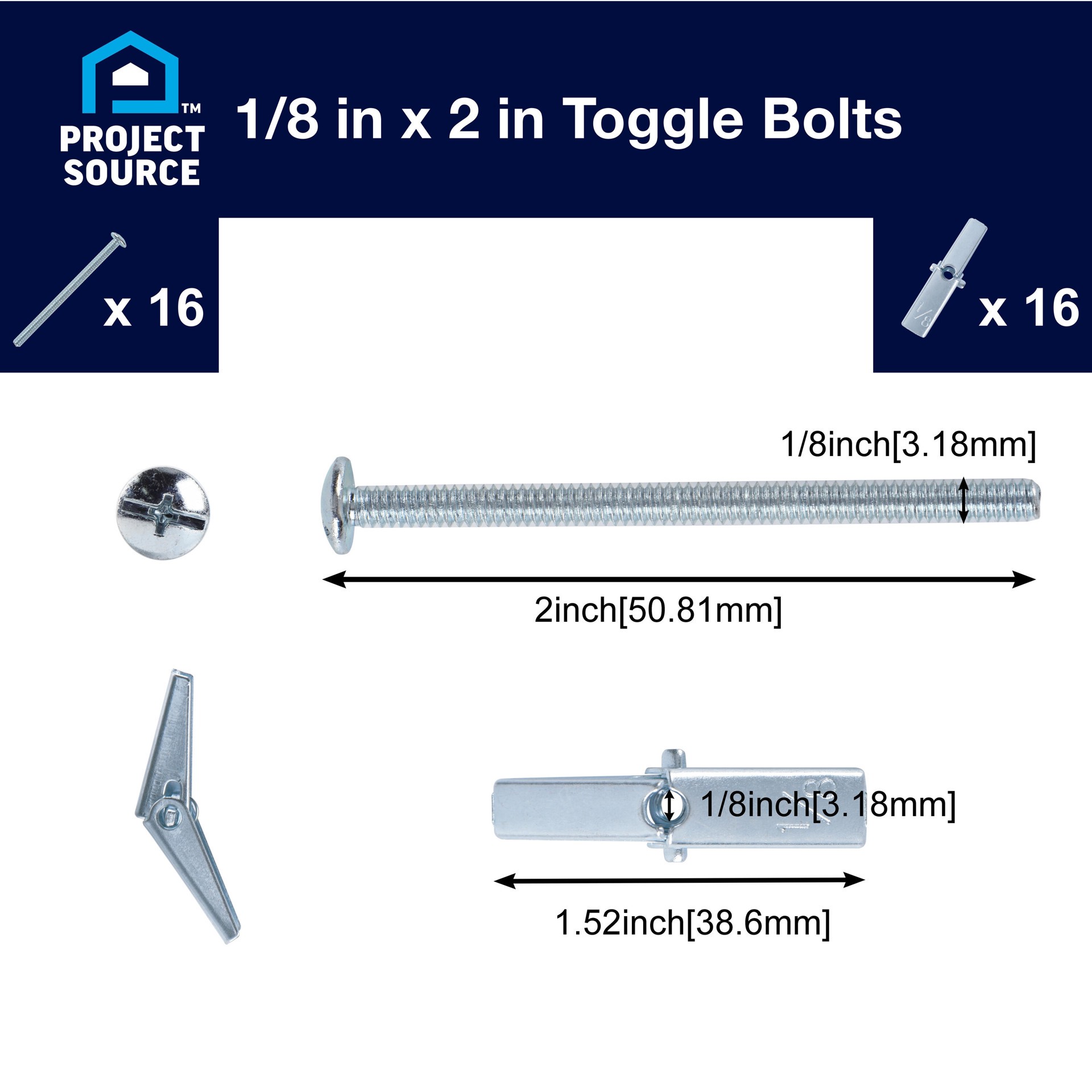 slide 3 of 6, Project Source 42-lb 1/8-in x 2-in Toggle Bolt Anchors with Screws Included 16 -Pack, 1 ct