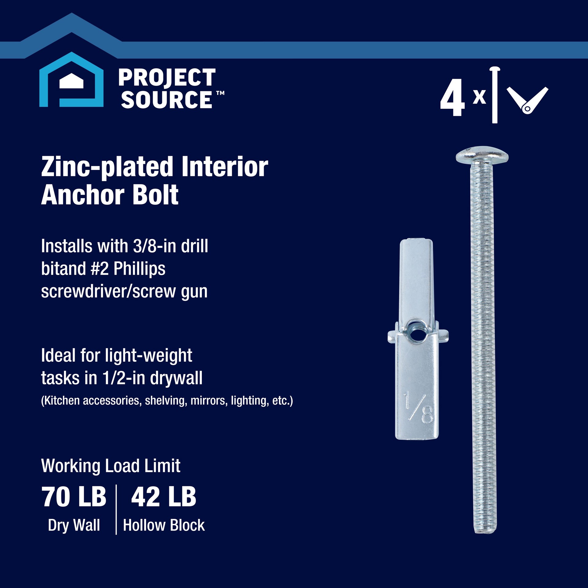 slide 2 of 6, Project Source 70-lb 1/8-in x 3-in Toggle Bolt Anchors with Screws Included 4.0 -Pack, 1 ct