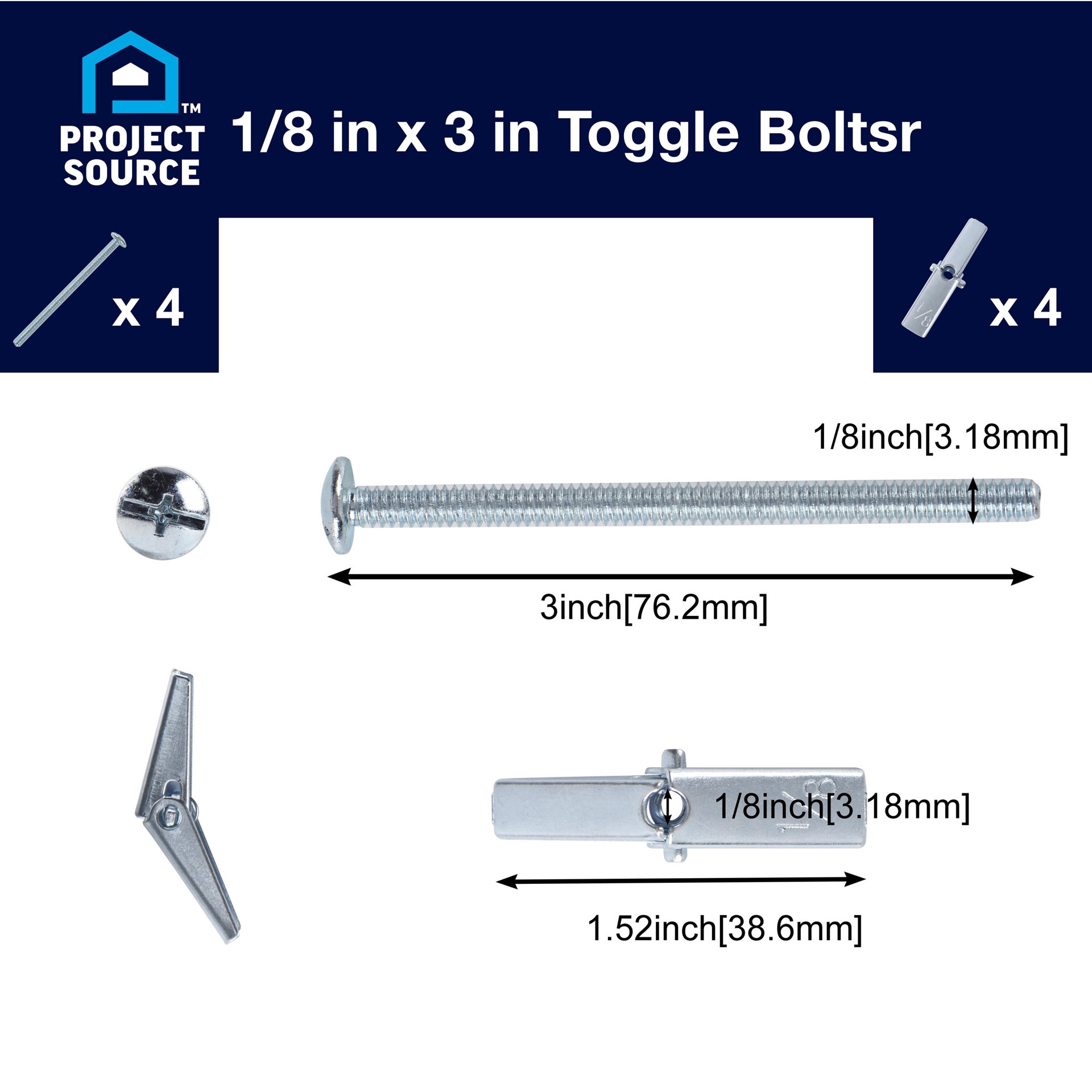 slide 3 of 6, Project Source 70-lb 1/8-in x 3-in Toggle Bolt Anchors with Screws Included 4.0 -Pack, 1 ct