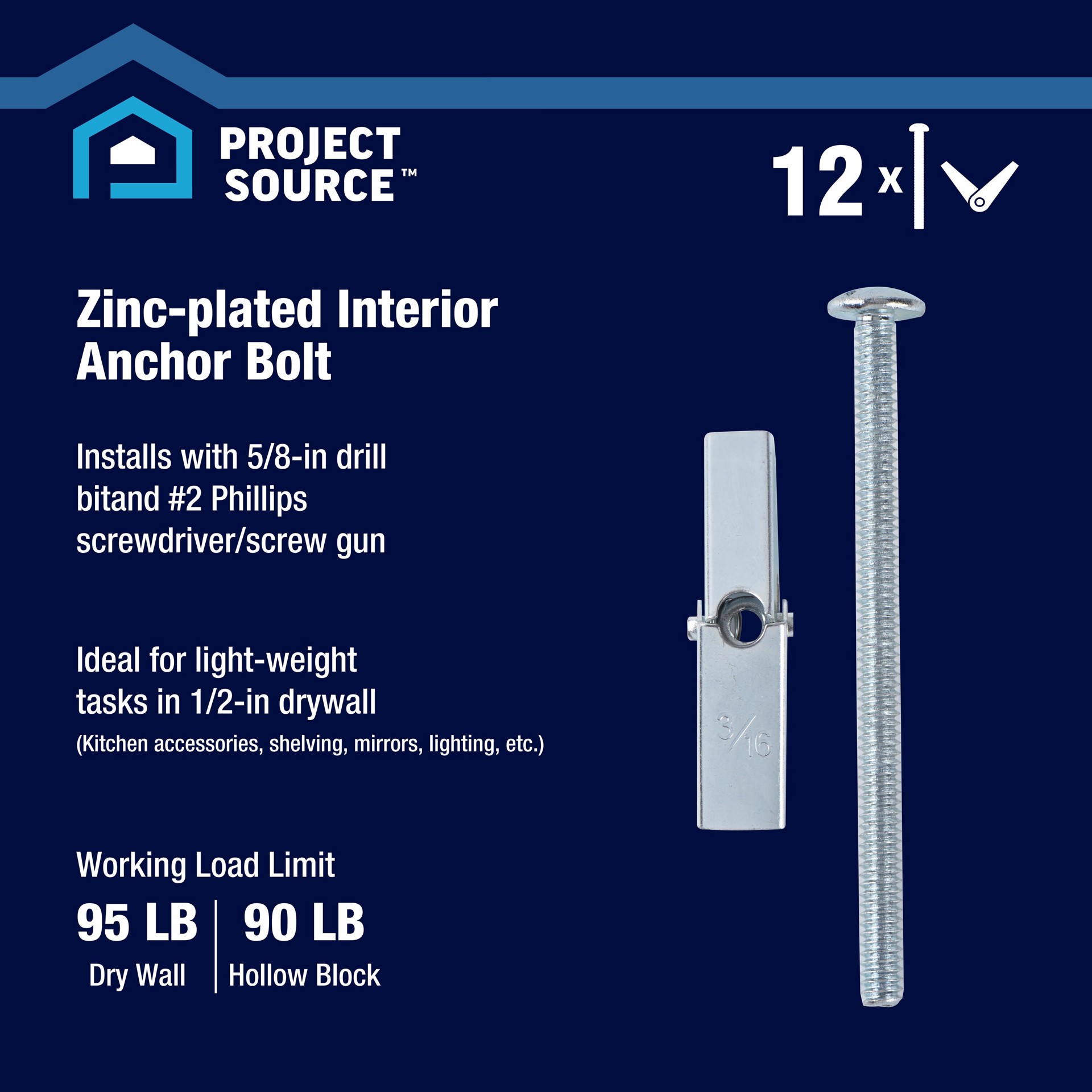 slide 2 of 6, Project Source 95-lb 3/16-in x 2-in Toggle Bolt Anchors with Screws Included 12 -Pack, 1 ct