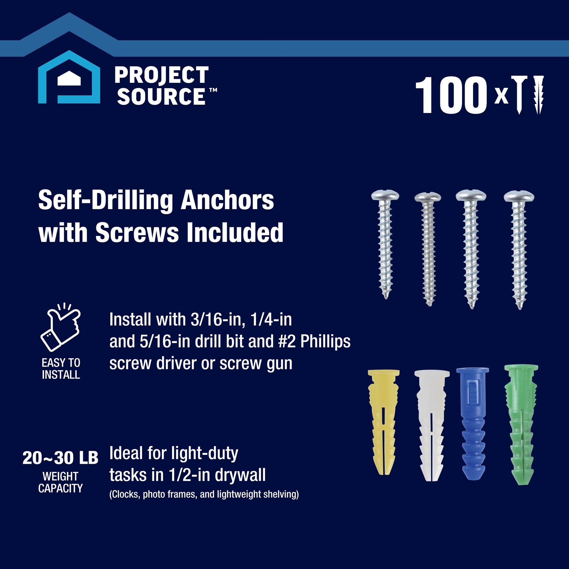 slide 2 of 6, Project Source 20.0-lb 1/4-in x 1-1/2-in Push-In Anchors with Screws Included 100.0 -Pack, 1 ct