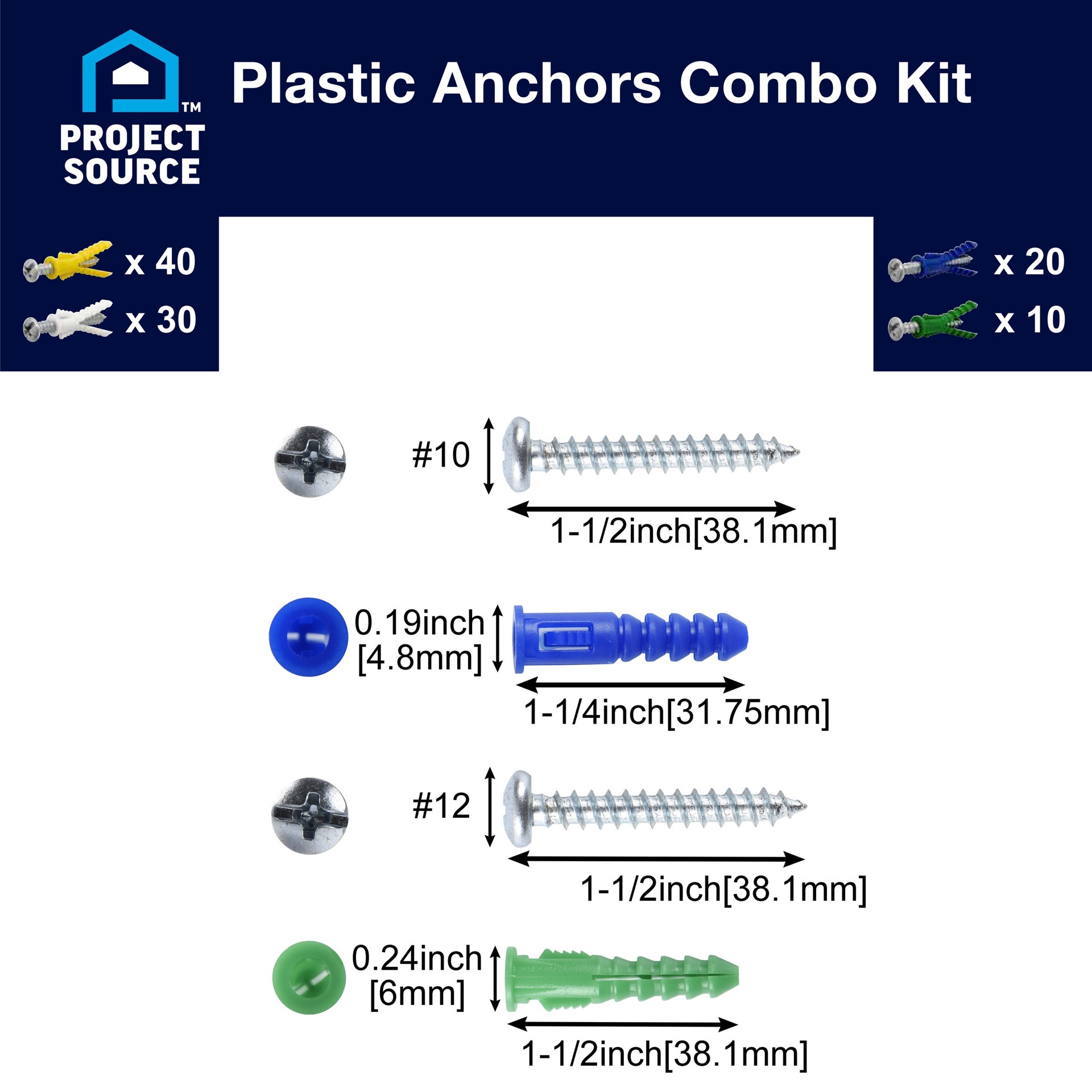 slide 3 of 6, Project Source 20.0-lb 1/4-in x 1-1/2-in Push-In Anchors with Screws Included 100.0 -Pack, 1 ct