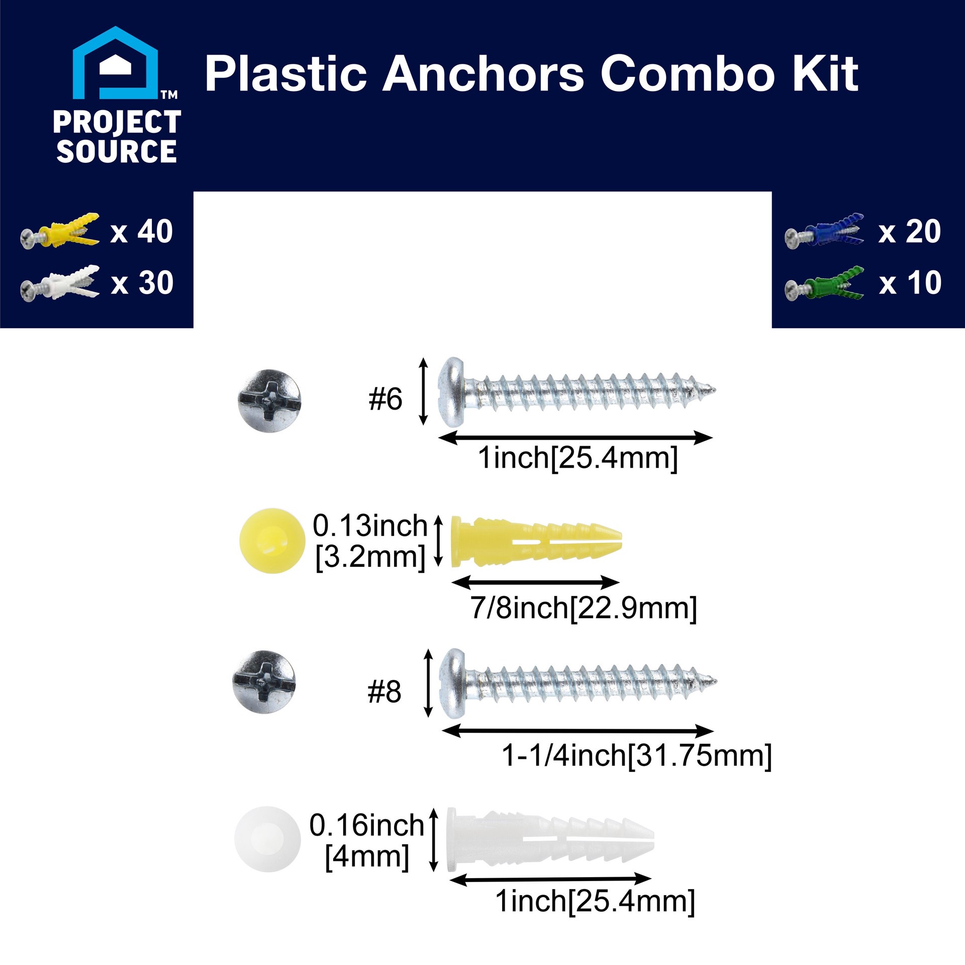 slide 4 of 6, Project Source 20.0-lb 1/4-in x 1-1/2-in Push-In Anchors with Screws Included 100.0 -Pack, 1 ct