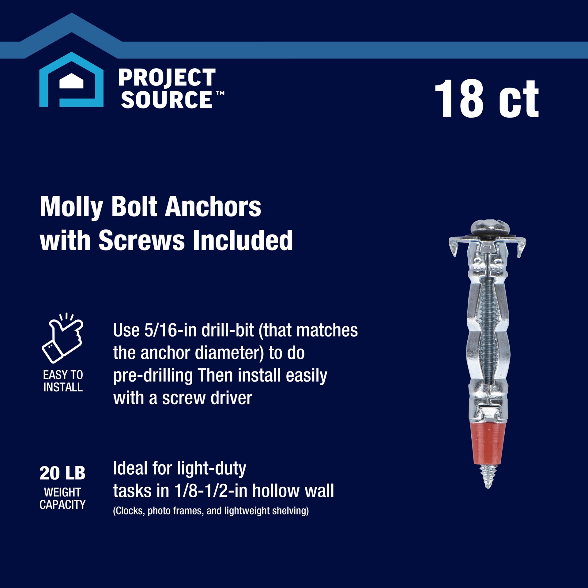 slide 2 of 6, Project Source 20-lb 1/8-in x 2-in Molly Bolt Anchors with Screws Included 18-Pack, 1 ct