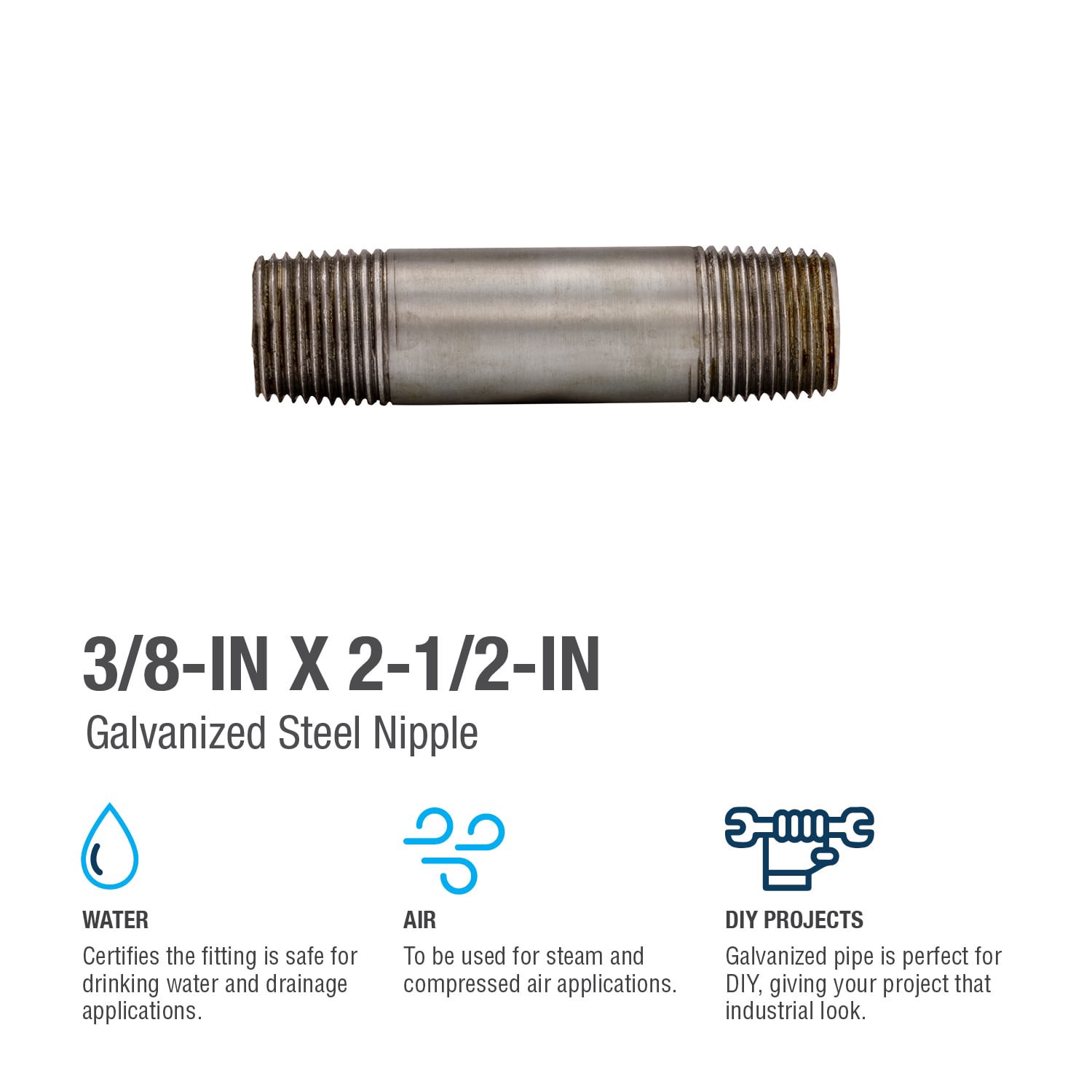 slide 4 of 6, RELIABILT 3/8-in x 2-1/2-in Galvanized Nipple, 1 ct