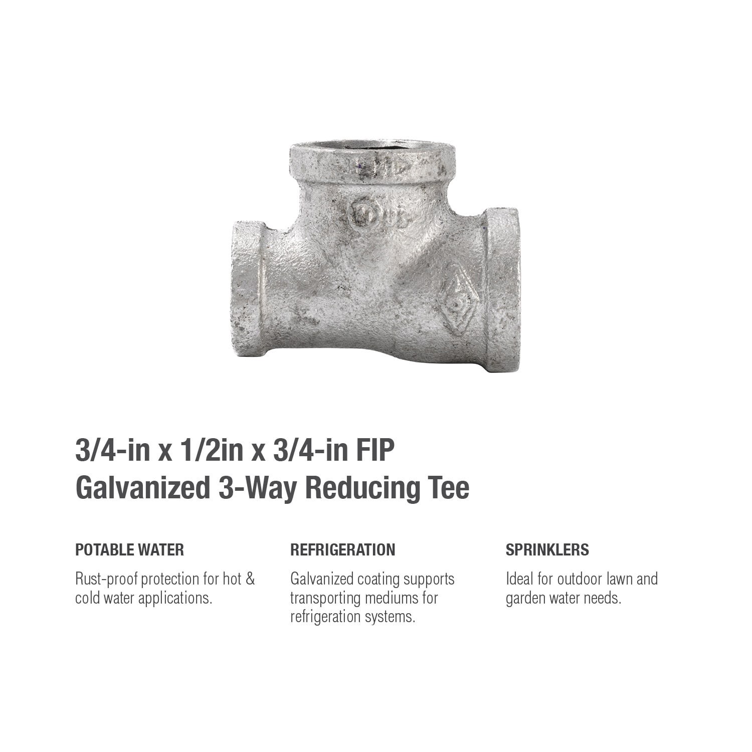 slide 5 of 6, RELIABILT 3/4-in x 1/2-in x 3/4-in Galvanized Reducing Tee, 1 ct