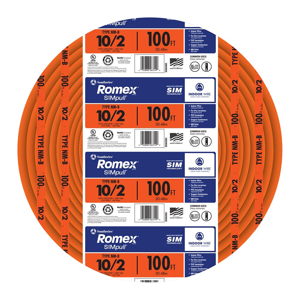 slide 1 of 6, Southwire 100-ft 10 / 2 / Romex SIMpull Solid Indoor CU NM-B W/G Individual pack ( By-the-roll ), 1 ct