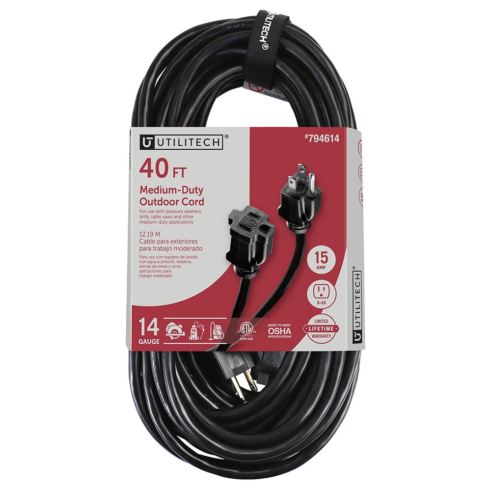slide 1 of 4, Utilitech 40-ft 14 / 3 Medium Duty 3 Prong Black Outdoor Extension Power Cord, 1 ct