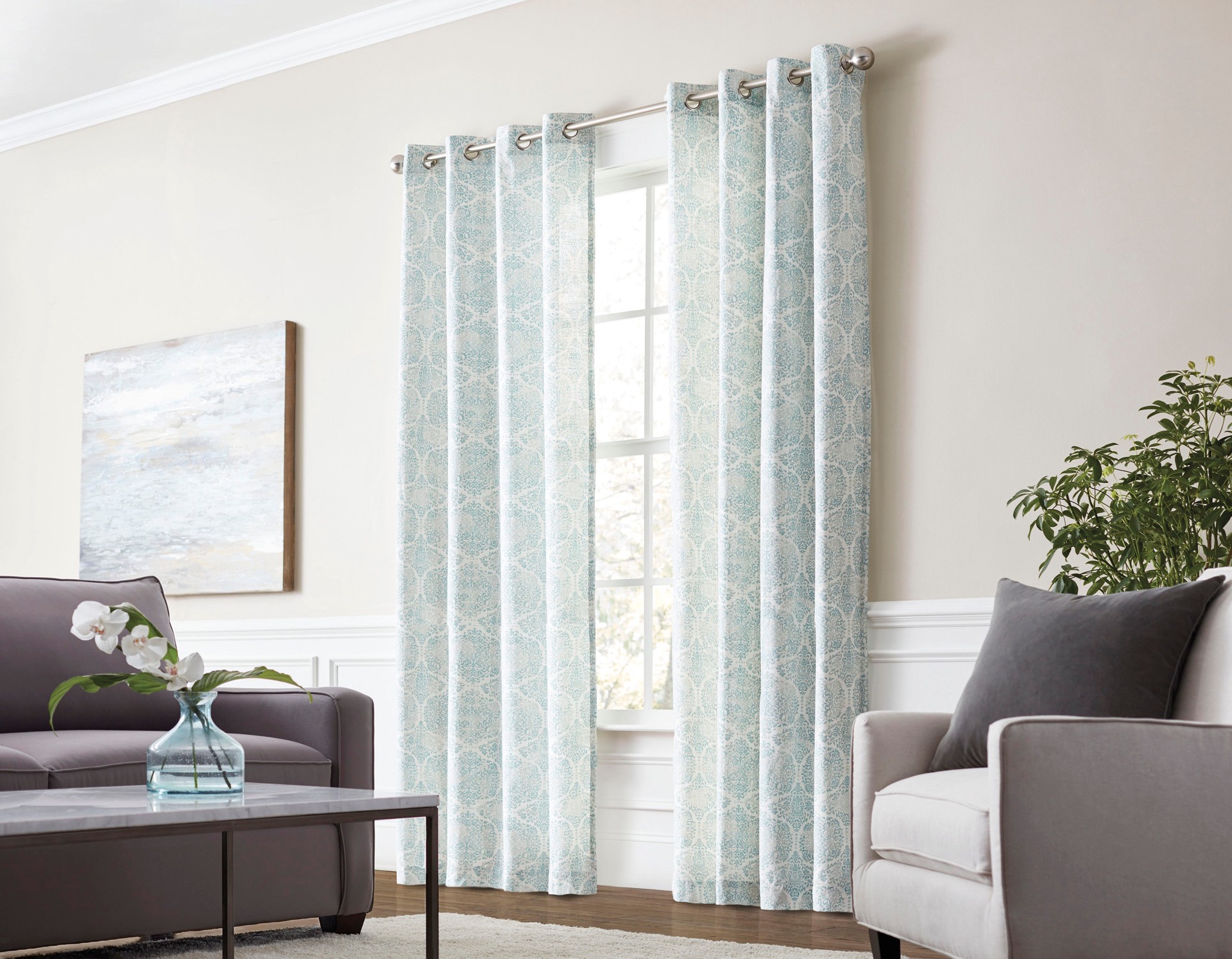 slide 1 of 5, allen + roth 84-in Seaglass Abstract Light filtering Grommet Single curtain panel, 1 ct