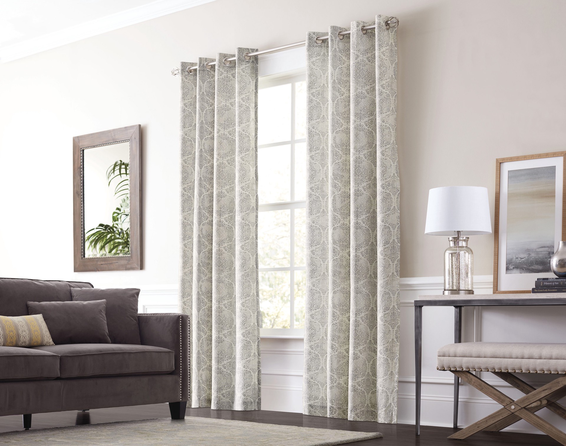 slide 1 of 6, allen + roth 84-in Graphite Abstract Light filtering Grommet Single curtain panel, 1 ct