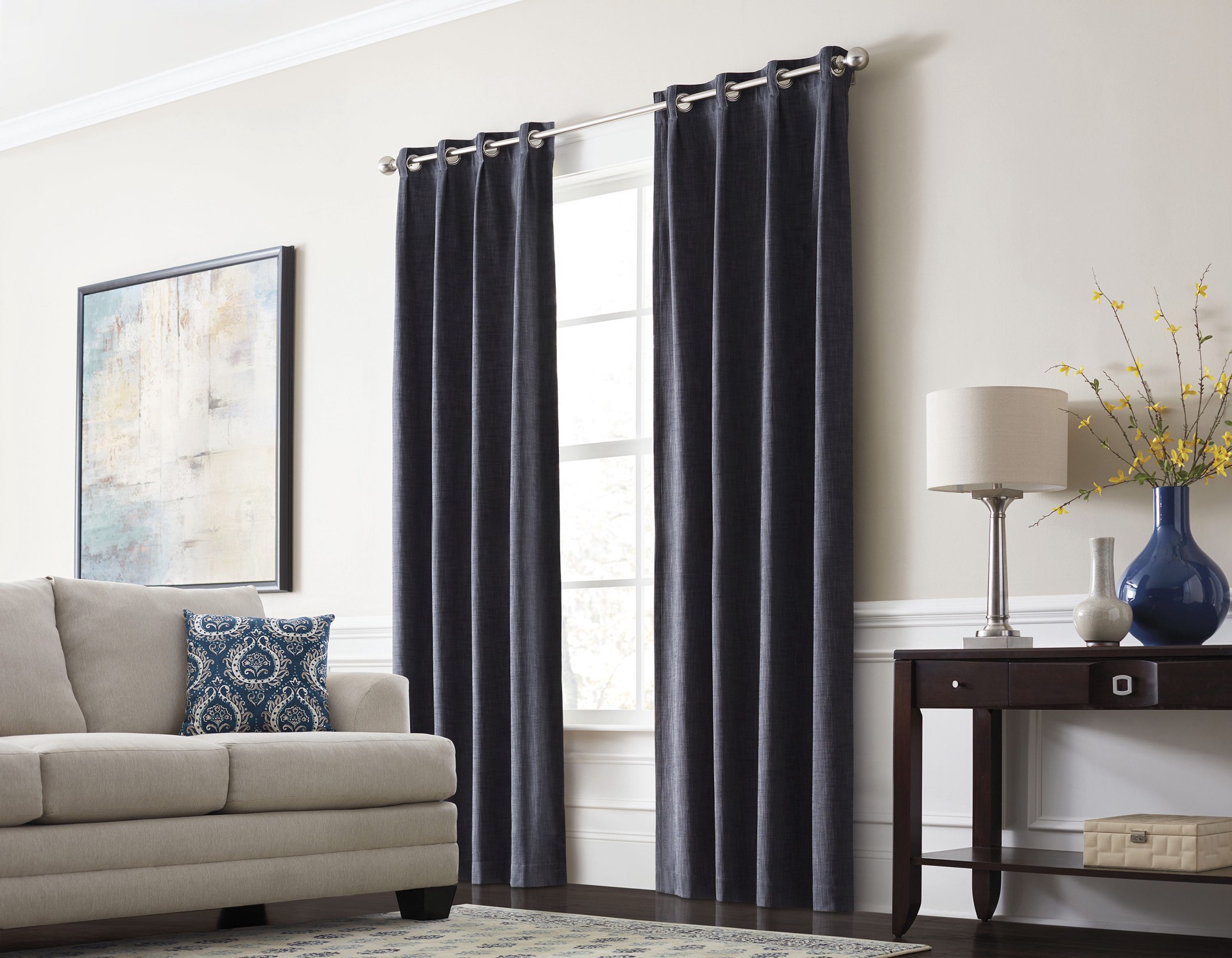 slide 1 of 6, allen + roth 84-in Ocean Room darkening Thermal lined Grommet Single curtain panel, 1 ct