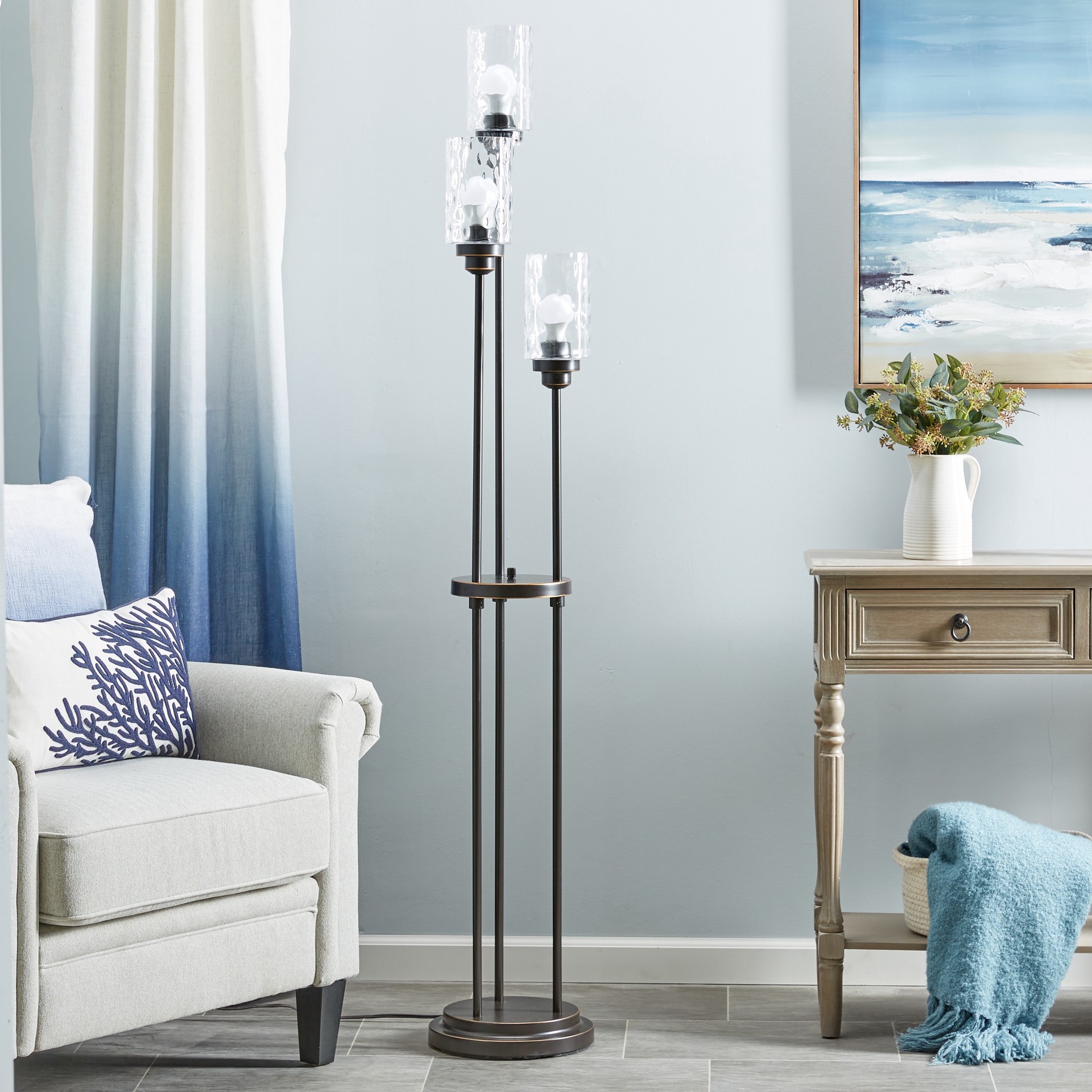 slide 1 of 6, allen + roth Latchbury 66.55-in Bronze Multi-head Floor Lamp with Glass Shade, 1 ct