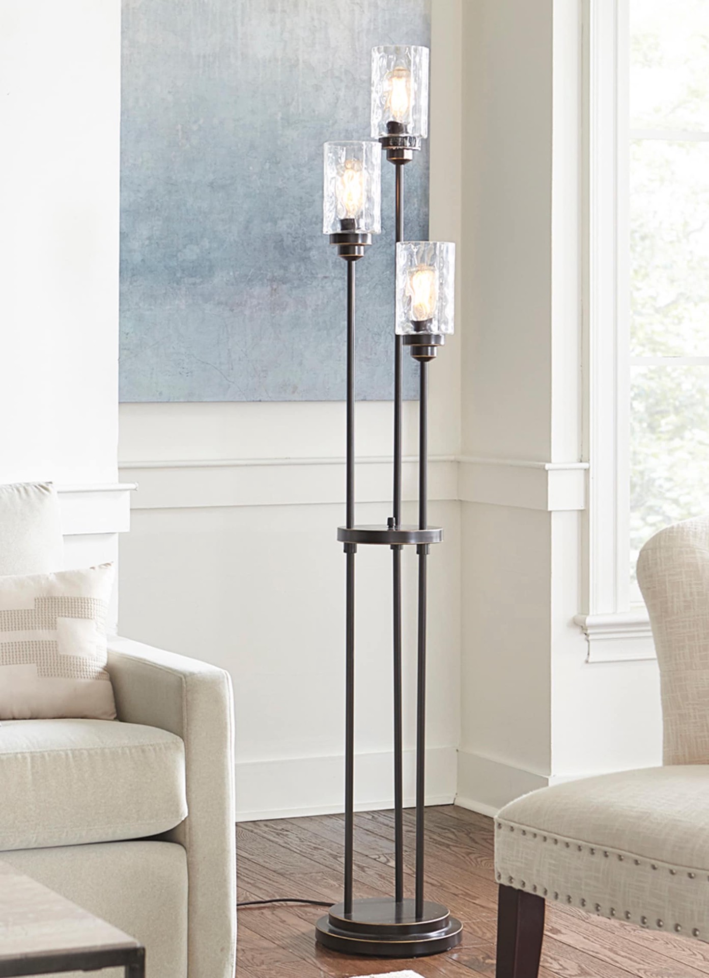 slide 3 of 6, allen + roth Latchbury 66.55-in Bronze Multi-head Floor Lamp with Glass Shade, 1 ct