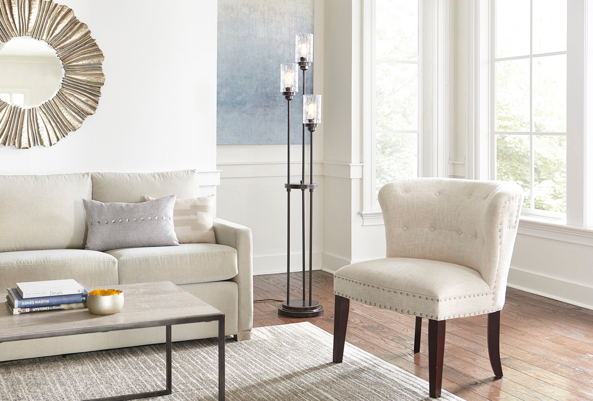 slide 4 of 6, allen + roth Latchbury 66.55-in Bronze Multi-head Floor Lamp with Glass Shade, 1 ct