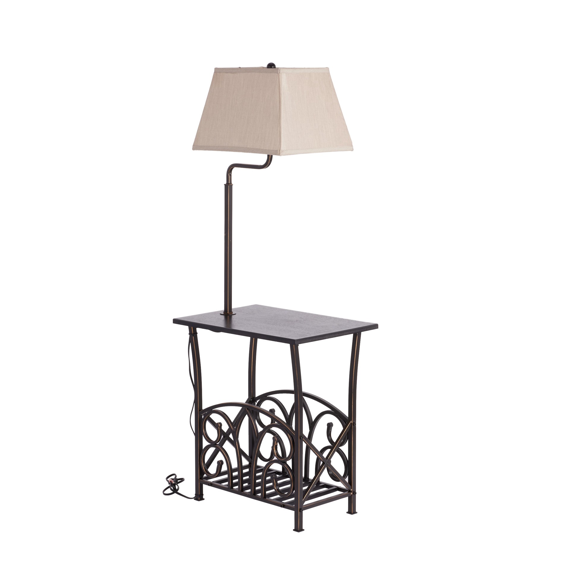 slide 3 of 6, allen + roth 54-in Bronze Shelf Floor Lamp with Fabric Shade, 1 ct