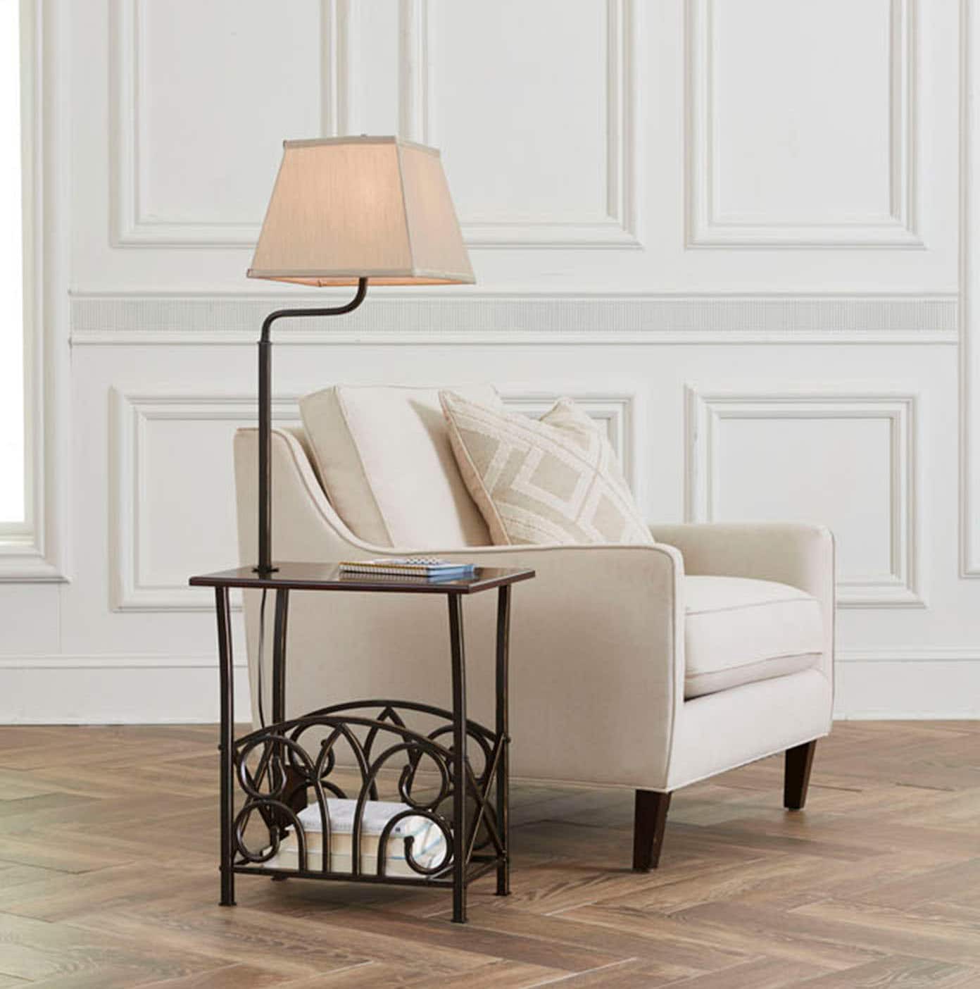 slide 5 of 6, allen + roth 54-in Bronze Shelf Floor Lamp with Fabric Shade, 1 ct