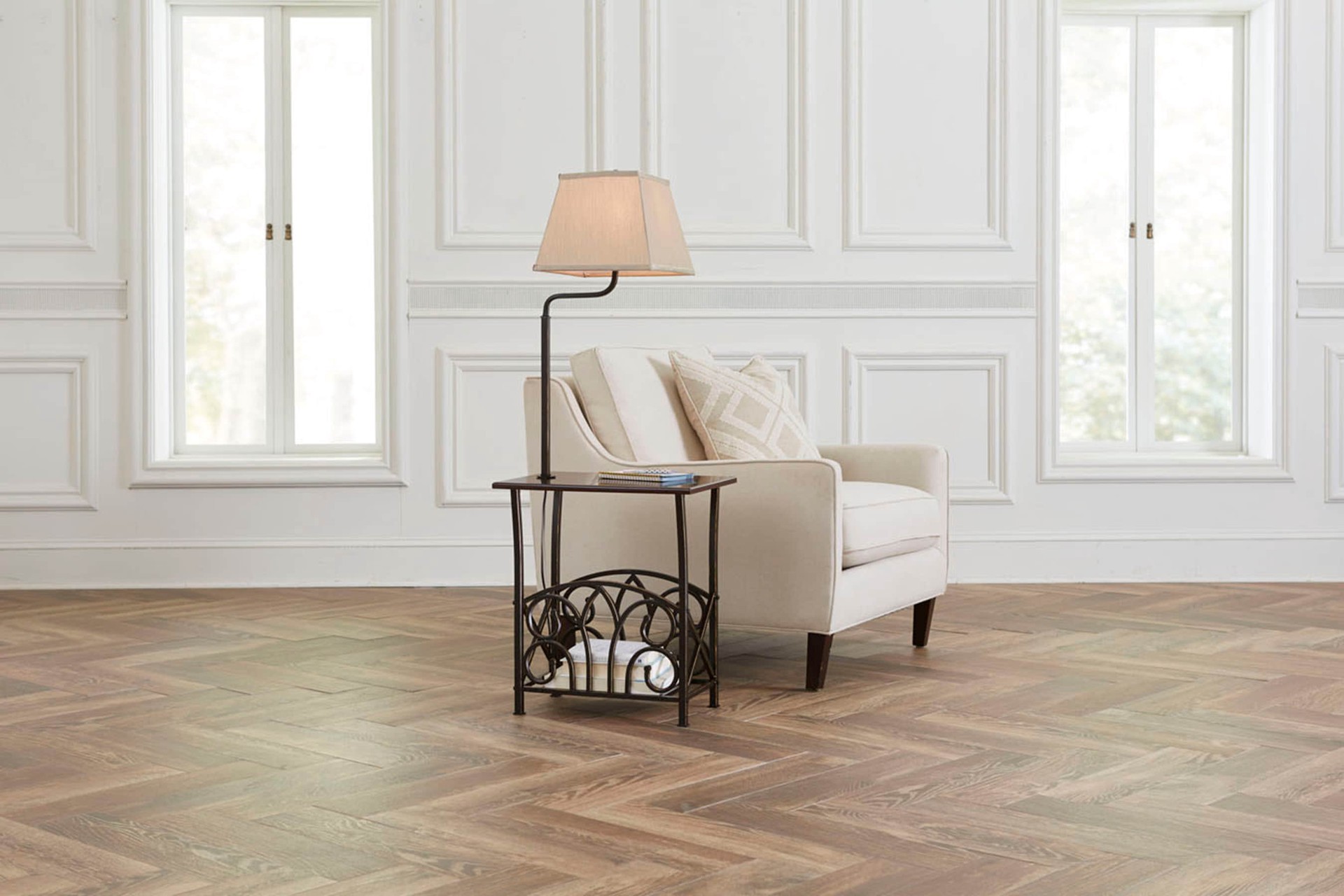 slide 6 of 6, allen + roth 54-in Bronze Shelf Floor Lamp with Fabric Shade, 1 ct