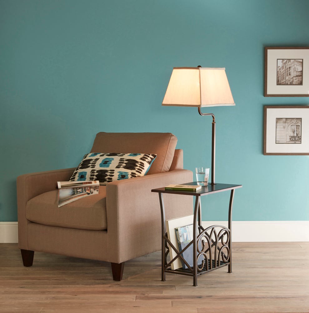 slide 1 of 6, allen + roth 54-in Bronze Shelf Floor Lamp with Fabric Shade, 1 ct