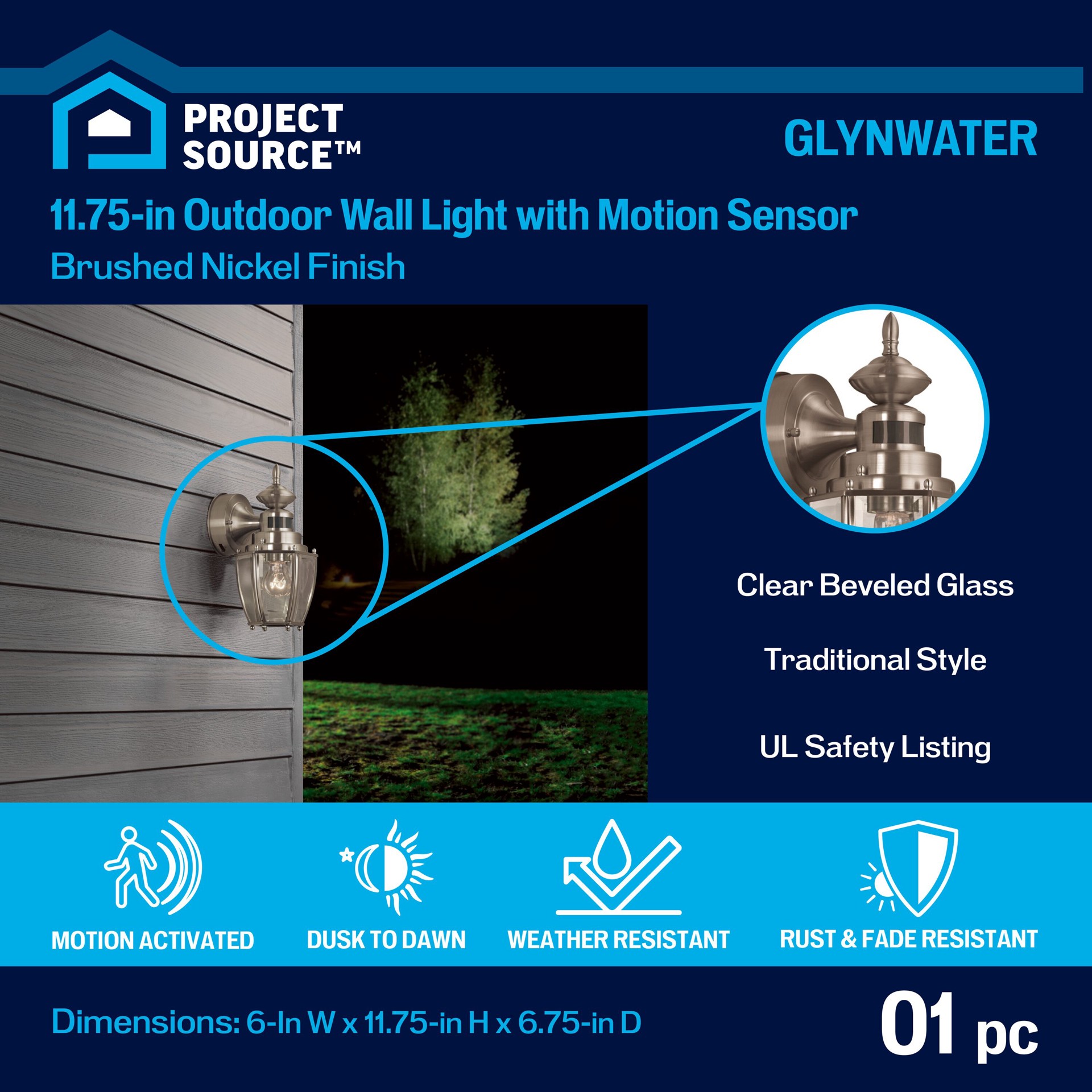 slide 2 of 6, Project Source Glynwater 1 -Light 11.75-in H Brushed Nickel Hardwired Motion Sensor Dusk to Dawn Outdoor Wall Light, 1 ct