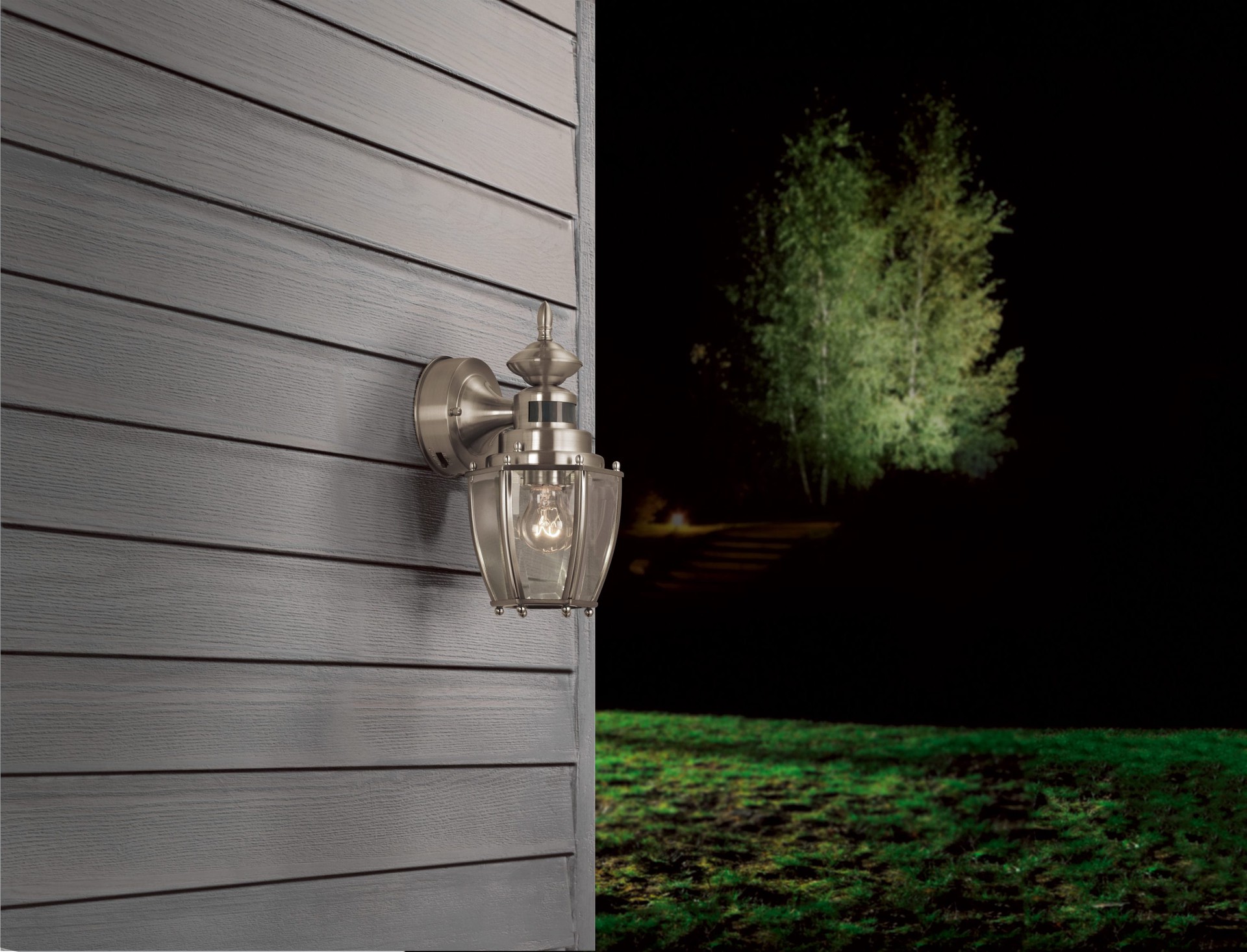 slide 4 of 6, Project Source Glynwater 1 -Light 11.75-in H Brushed Nickel Hardwired Motion Sensor Dusk to Dawn Outdoor Wall Light, 1 ct