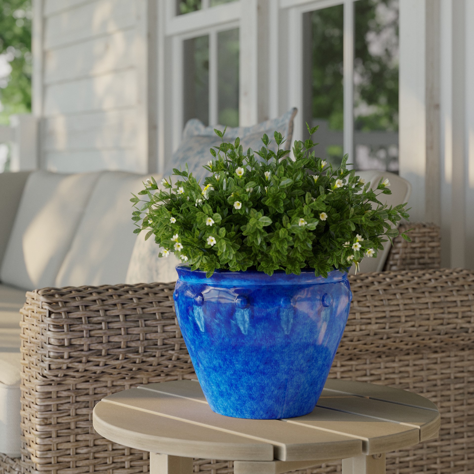 slide 2 of 6, allen + roth Round 7.1-in W x 7.1-in L Blue Ceramic Outdoor Planter, 1 ct