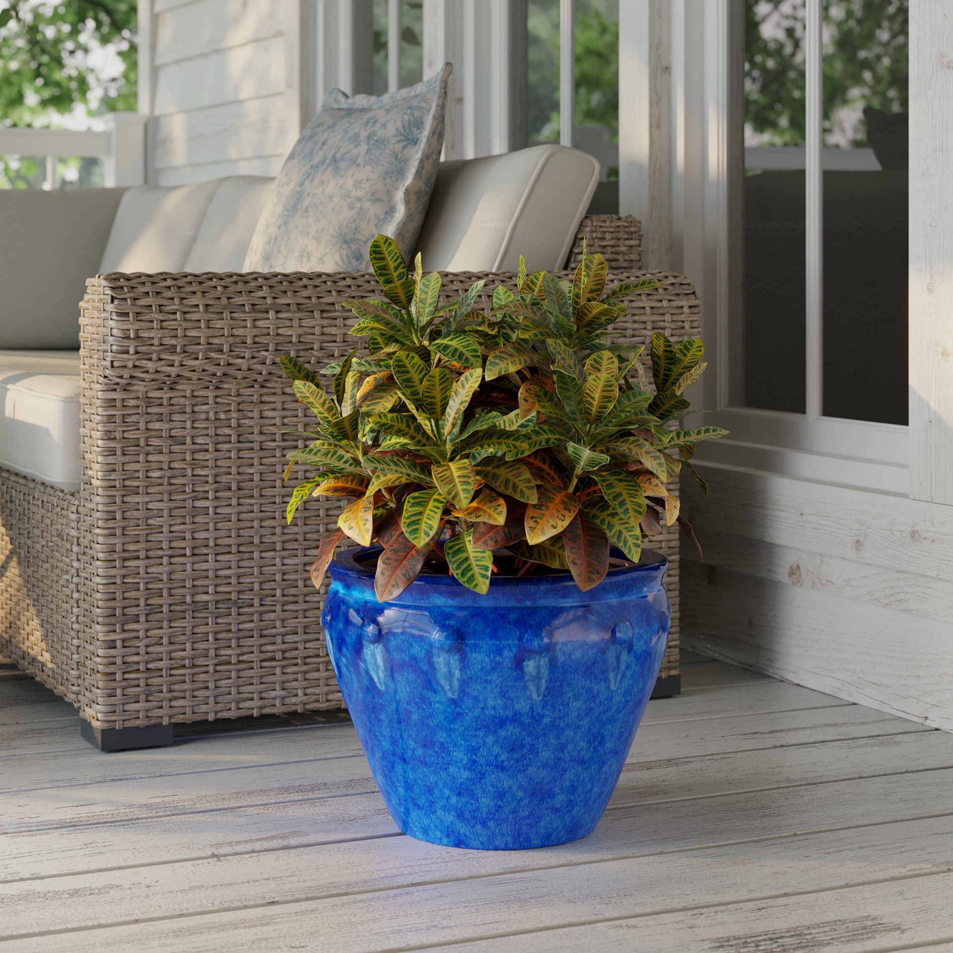 slide 2 of 6, allen + roth Round 12.4-in W x 12.4-in L Blue Ceramic Indoor/Outdoor Planter, 1 ct