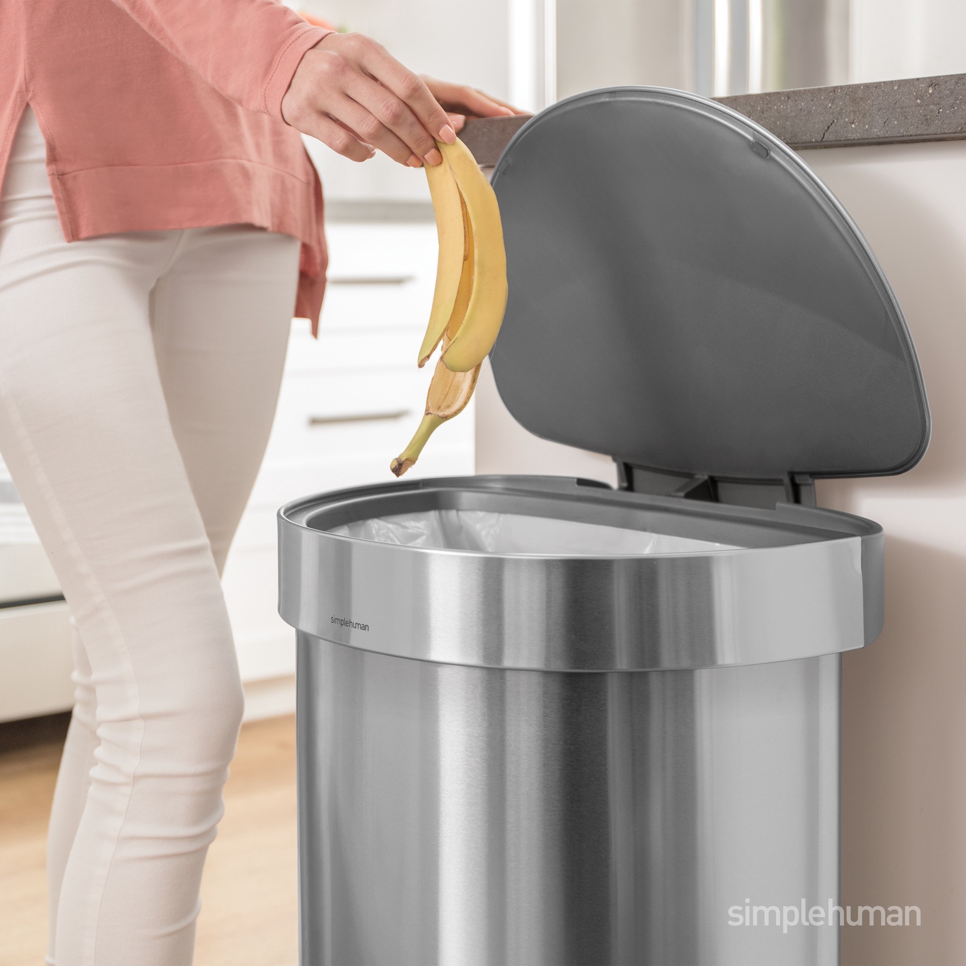slide 3 of 6, simplehuman Semi-Round Liner Rim Can, 45 Liter Brushed Steel Indoor Kitchen Step Trash Can, 1 ct