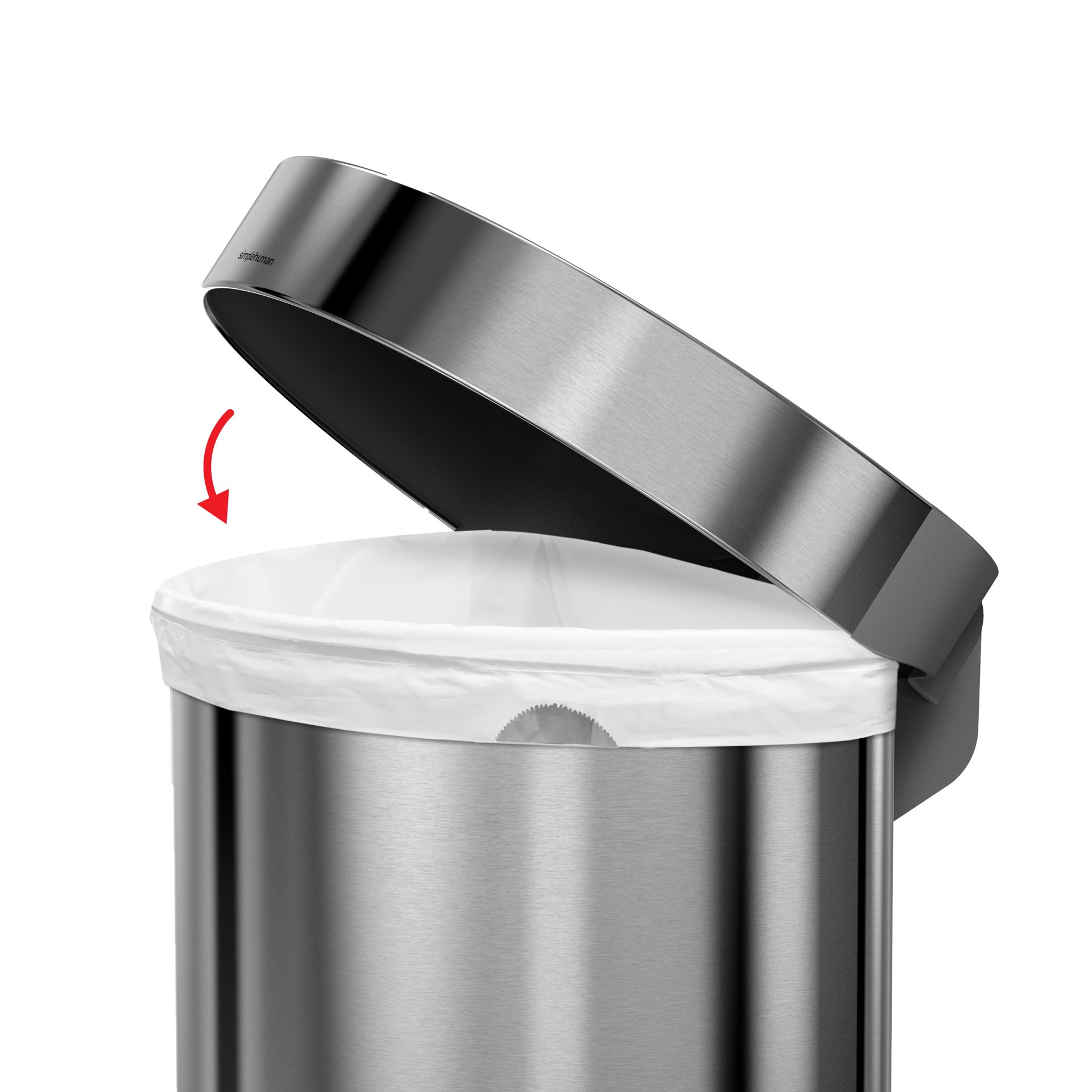 slide 4 of 6, simplehuman Semi-Round Liner Rim Can, 45 Liter Brushed Steel Indoor Kitchen Step Trash Can, 1 ct