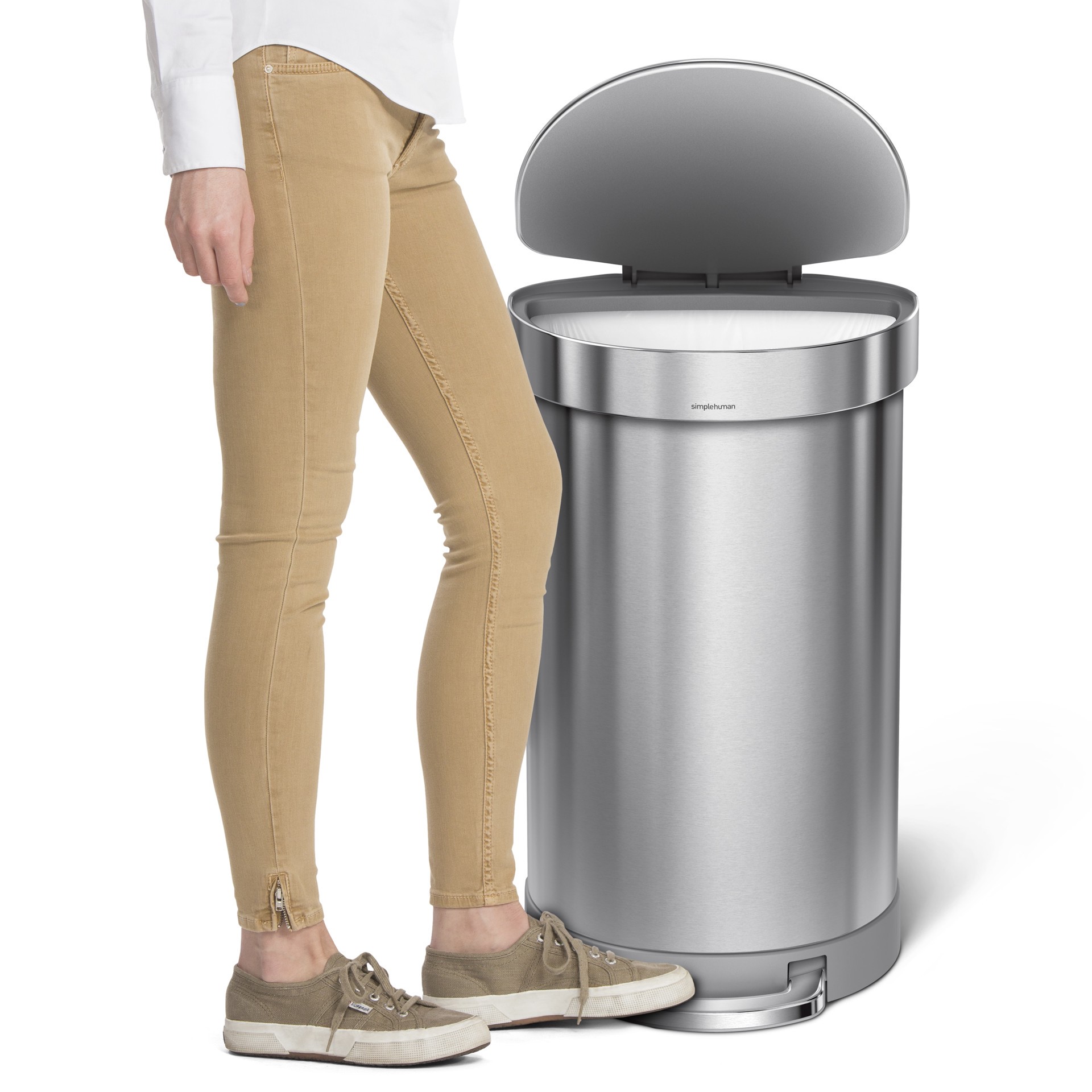 slide 2 of 6, simplehuman Semi-Round Liner Rim Can, 45 Liter Brushed Steel Indoor Kitchen Step Trash Can, 1 ct