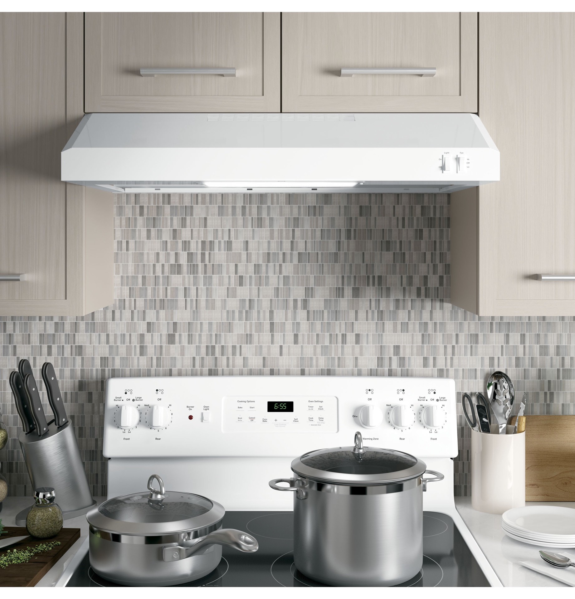 slide 3 of 6, GE 30 inch Convertible 200-CFM White Under Cabinet Range Hood, 1 ct