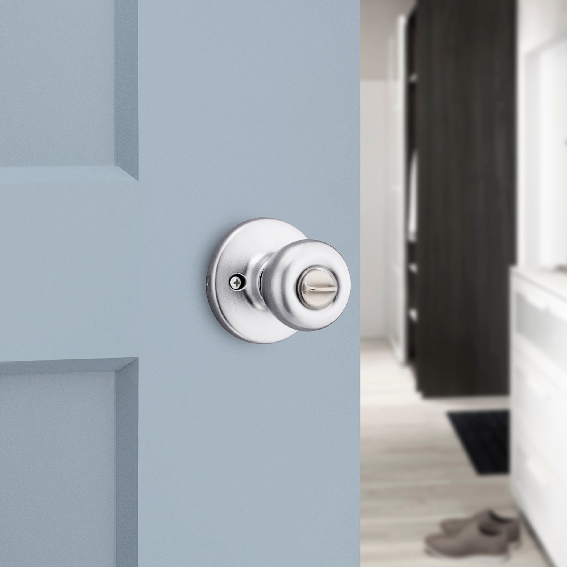 slide 3 of 6, Kwikset Mobile Home Tylo Satin Chrome Interior or Bed/Bath Privacy Door Knob, 1 ct