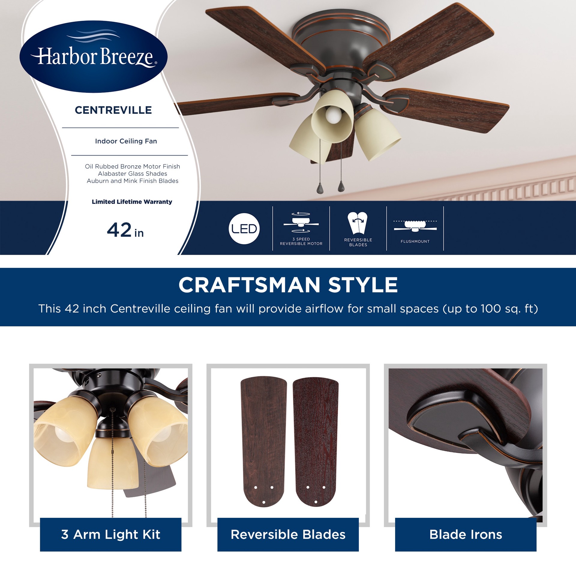 slide 5 of 6, Harbor Breeze Centreville 42-in Oil-Rubbed Bronze with Auburn/Mink Blades Flush Mount Ceiling Fan With Light 5 -Blade, 1 ct