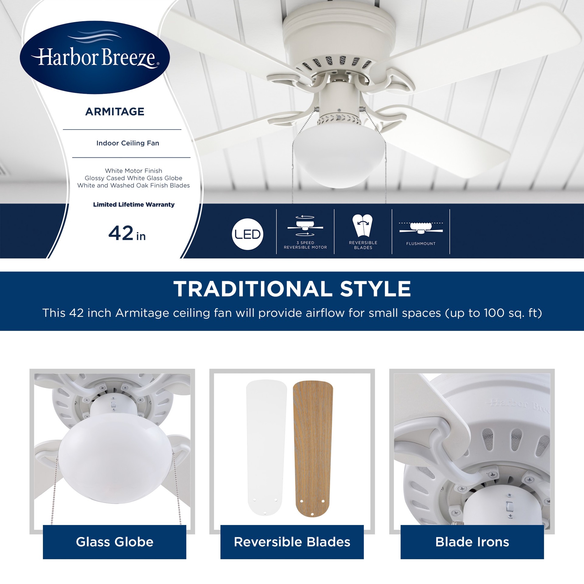 slide 5 of 6, Harbor Breeze Armitage 42-in White with White/blonde Blades Flush Mount Ceiling Fan With Light 4 -Blade, 1 ct