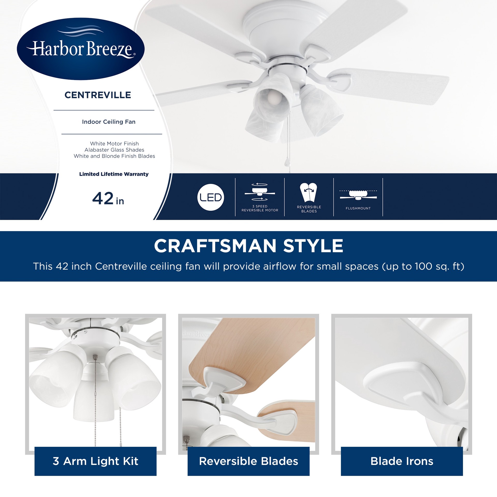 slide 4 of 6, Harbor Breeze Centreville 42-in White with White/blonde Blades Flush Mount Ceiling Fan With Light 5 -Blade, 1 ct