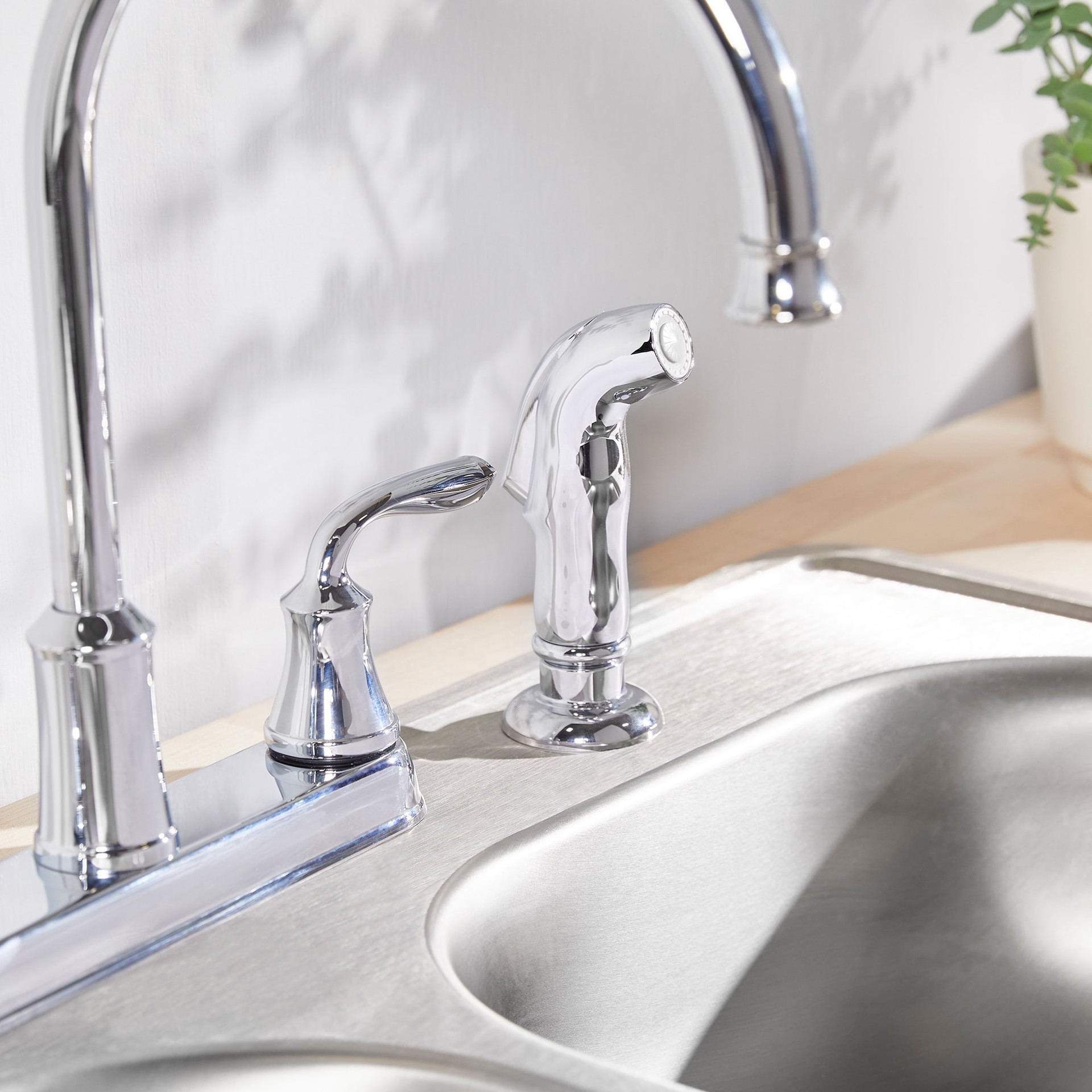 slide 4 of 6, Delta Lorain Chrome Double Handle Deck-mount Kitchen Faucet (Includes Side Sprayer), 1 ct