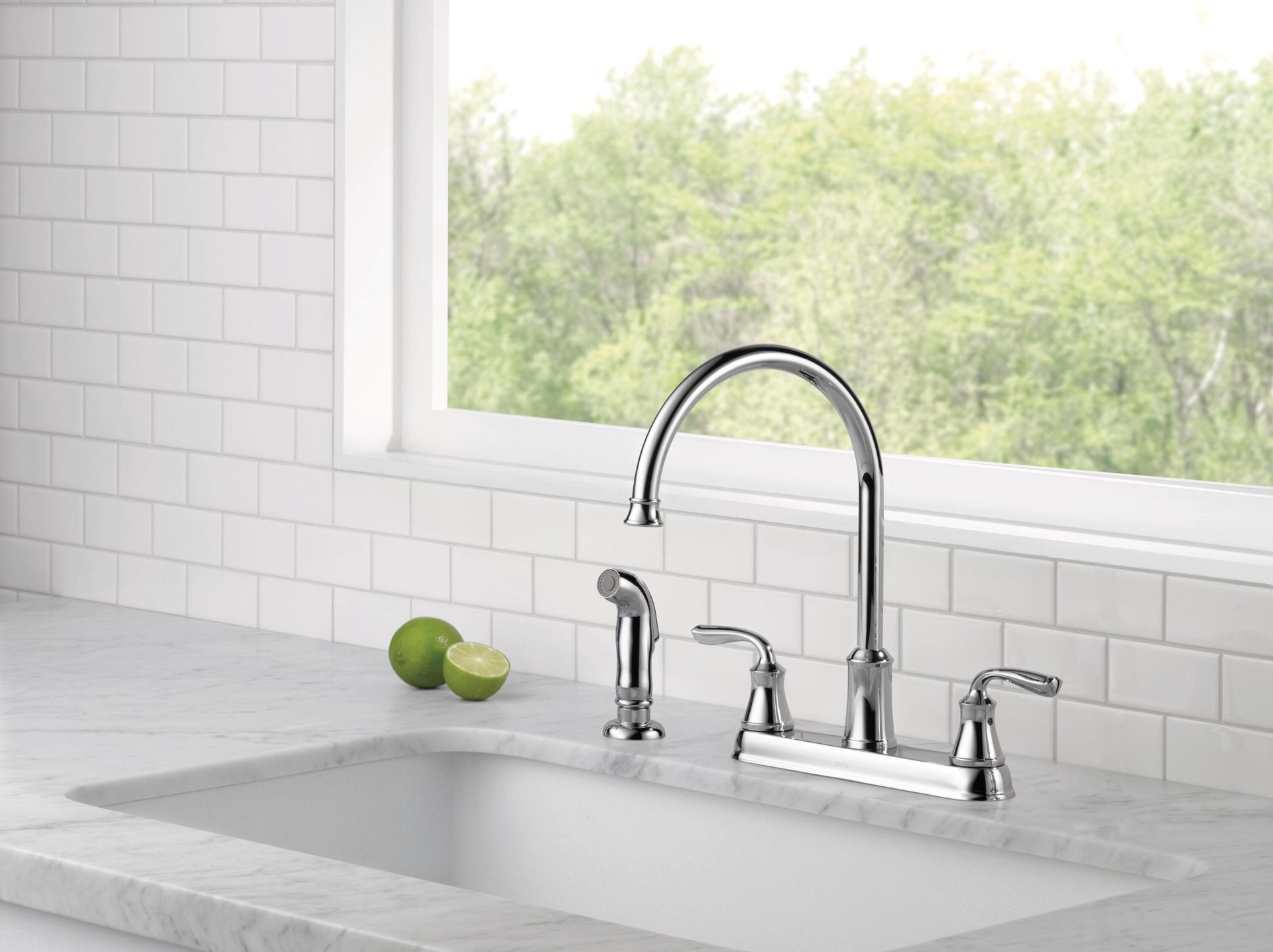 slide 5 of 6, Delta Lorain Chrome Double Handle Deck-mount Kitchen Faucet (Includes Side Sprayer), 1 ct