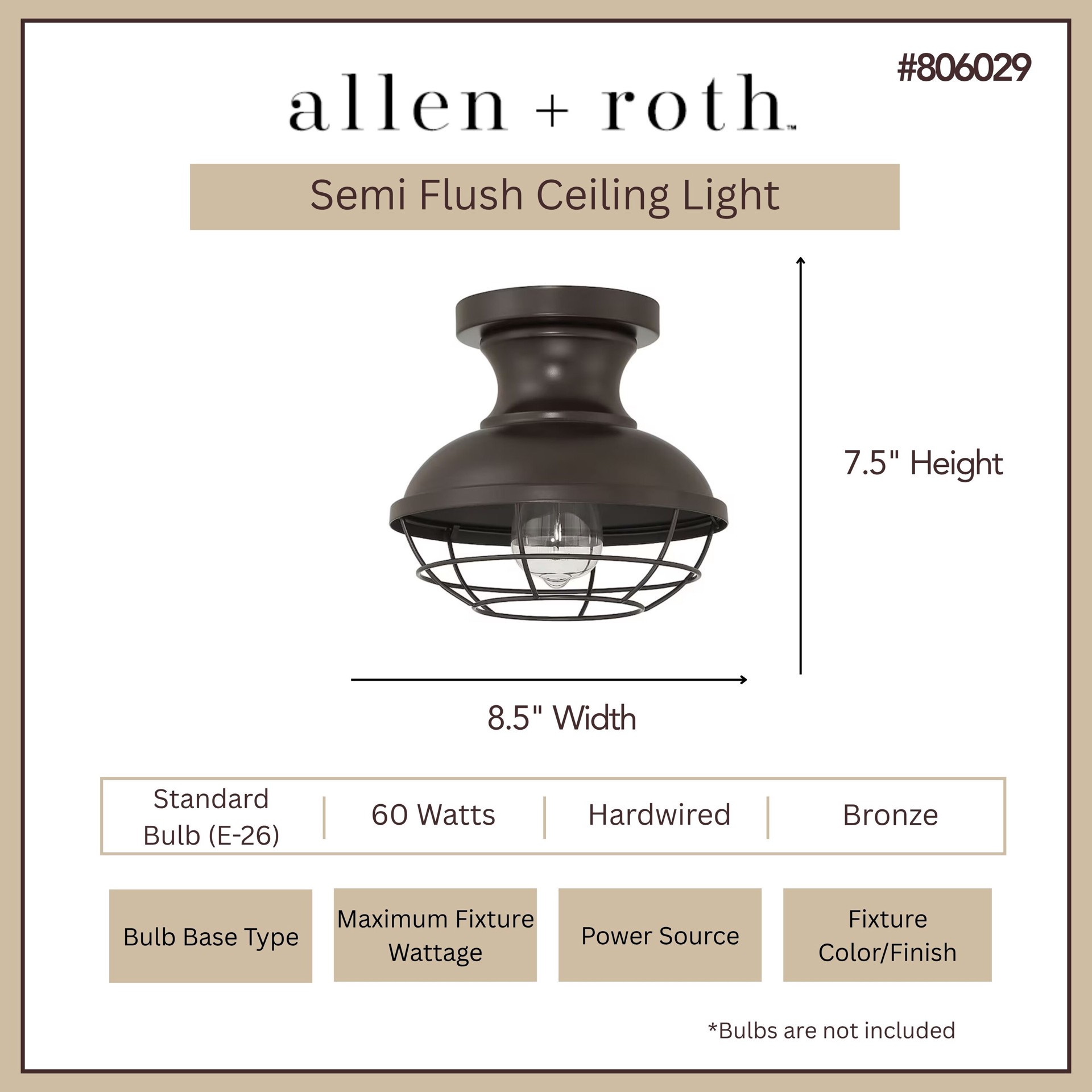 slide 3 of 6, allen + roth Yordan 1 -Light 8.5-in Matte Bronze Semi Flush Mount Light, 1 ct