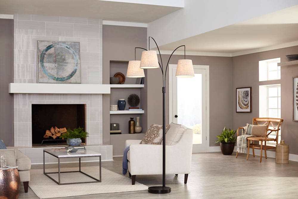 slide 6 of 6, allen + roth 80-in Bronze Multi-head Floor Lamp with Fabric Shade, 1 ct