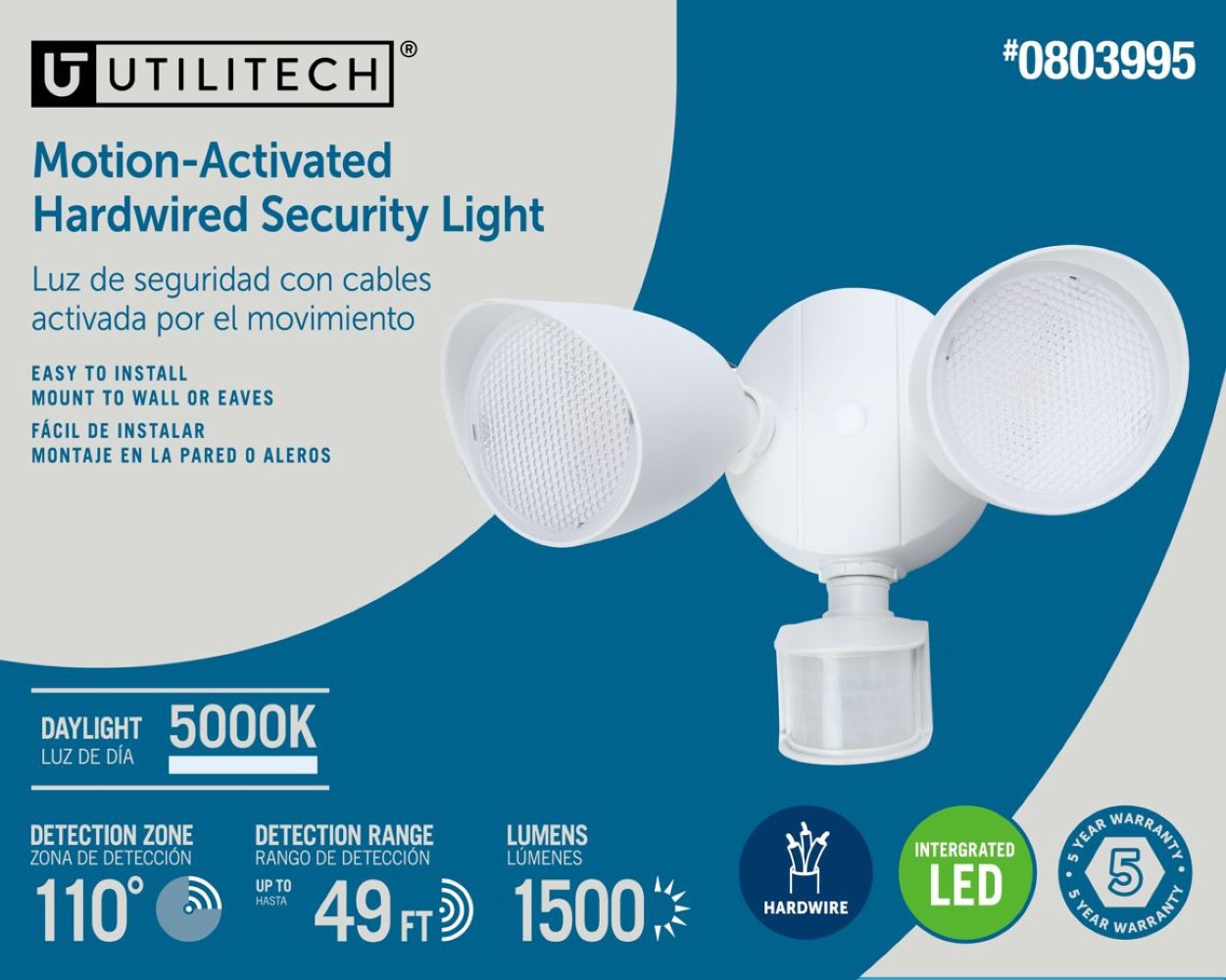 slide 6 of 6, Utilitech 110 -Degree 150 -Wattage Equivalent Hardwired LED White 2 -Head Motion-Activated Flood Light with Timer 1500 -Lumen, 1 ct