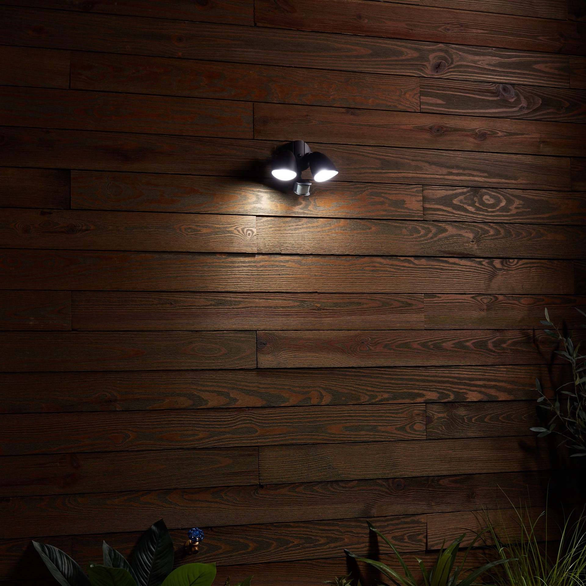 slide 4 of 6, Utilitech 110 -Degree 100 -Wattage Equivalent Hardwired LED Black 2 -Head Motion-Activated Flood Light with Timer 1500 -Lumen, 1 ct