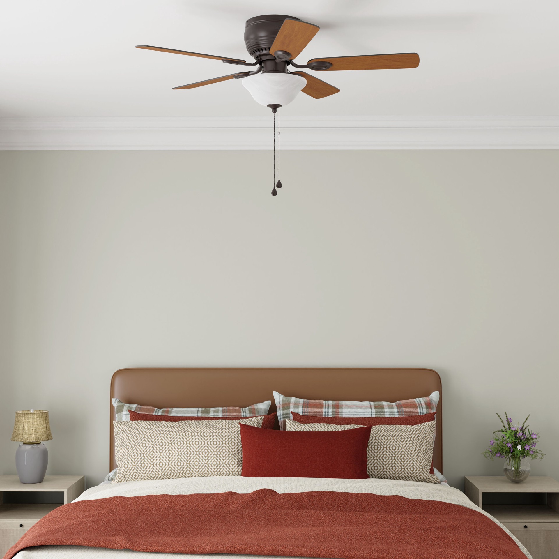 slide 5 of 6, Harbor Breeze Mayfield 44-in Bronze with Java/Cinnamon Blades Flush Mount Ceiling Fan With Light 5 -Blade, 1 ct