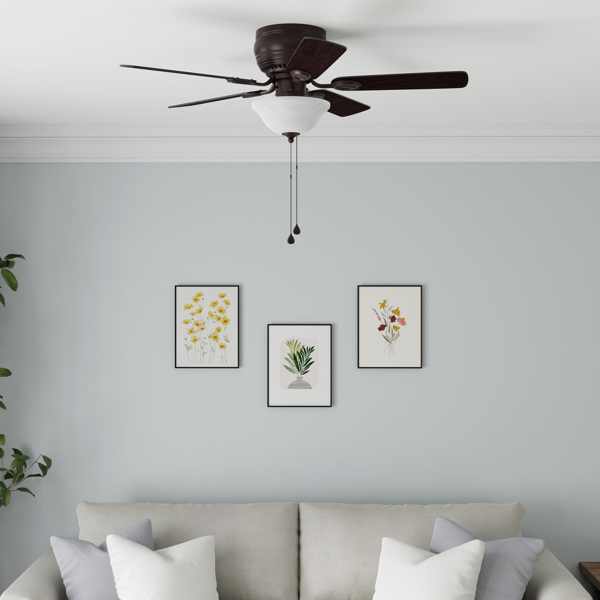 slide 4 of 6, Harbor Breeze Mayfield 44-in Bronze with Java/Cinnamon Blades Flush Mount Ceiling Fan With Light 5 -Blade, 1 ct