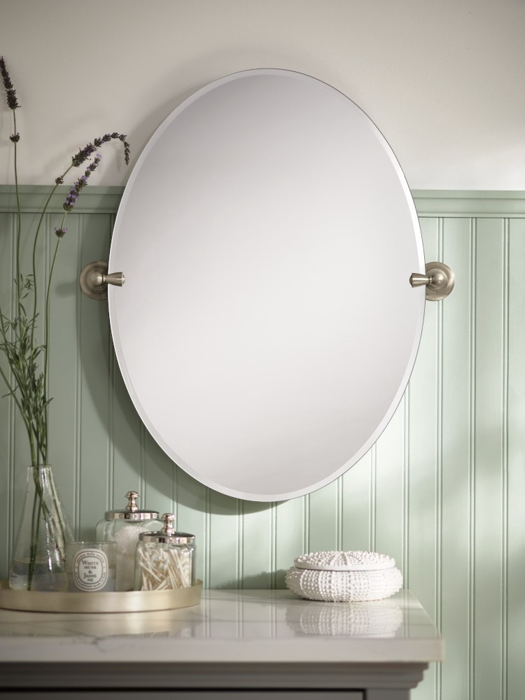 slide 5 of 6, Moen Sage 22.79-in x 26-in Frameless Oval Tilting Bathroom Vanity Mirror (Brushed Nickel), 1 ct