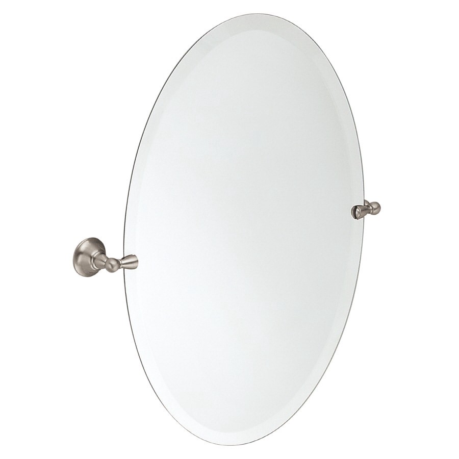 slide 1 of 6, Moen Sage 22.79-in x 26-in Beveled Frameless Oval Tilting Bathroom Vanity Mirror ( Brushed Nickel ), 1 ct